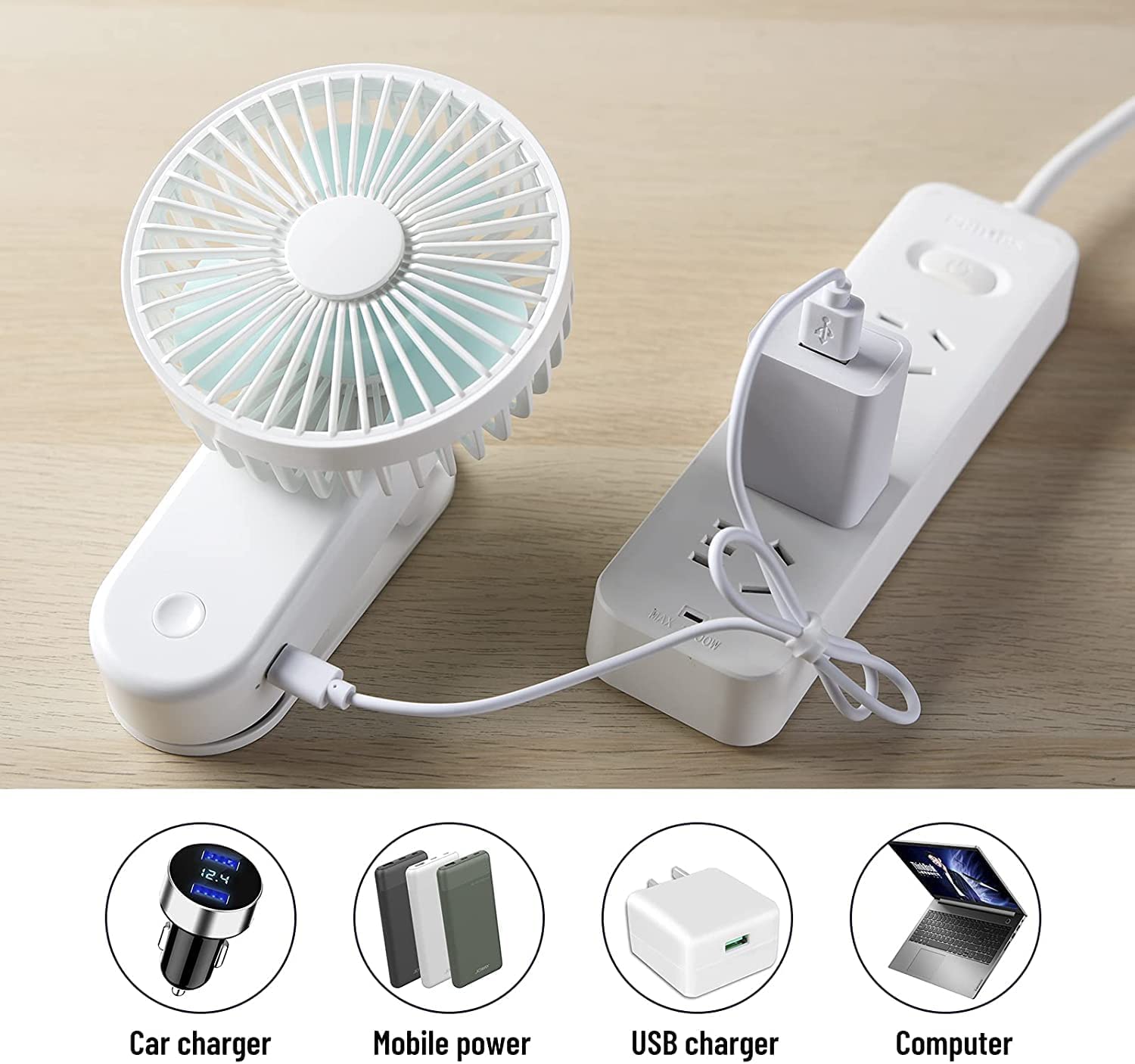 Portable Mini Clip on Fan - 2400mAh Rechargeable USB Battery Operated Stroller Fan with Magnetic Base, White - Perfect for Baby Strollers, Office Desks, and Outdoor Activities