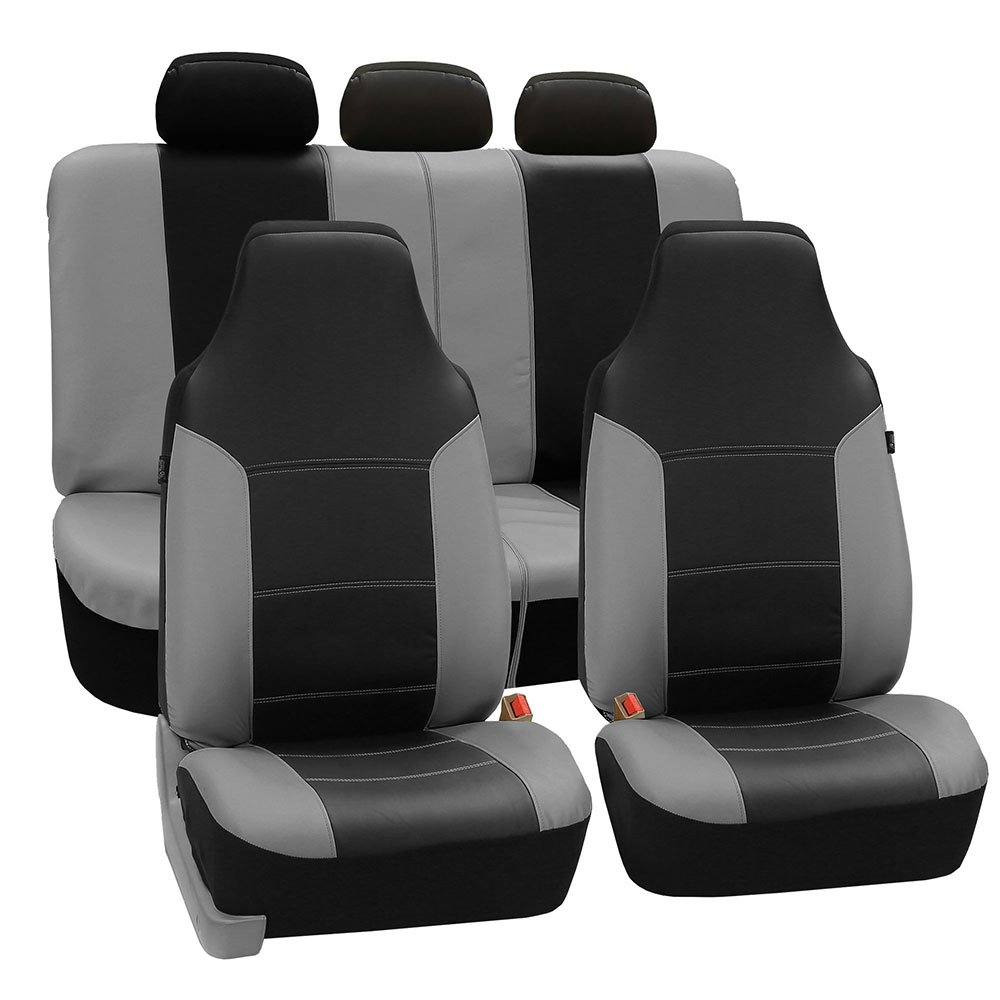 Premium FH Group PU Leather Car Seat Covers Full Set - Universal Fit 1-Piece Front & Split Bench Rear Seat Covers | Airbag Compatible for SUV, Sedan, Truck (Gray/Black) | Waterproof & Comfort Upgrade for Road Trips, Daily Commute