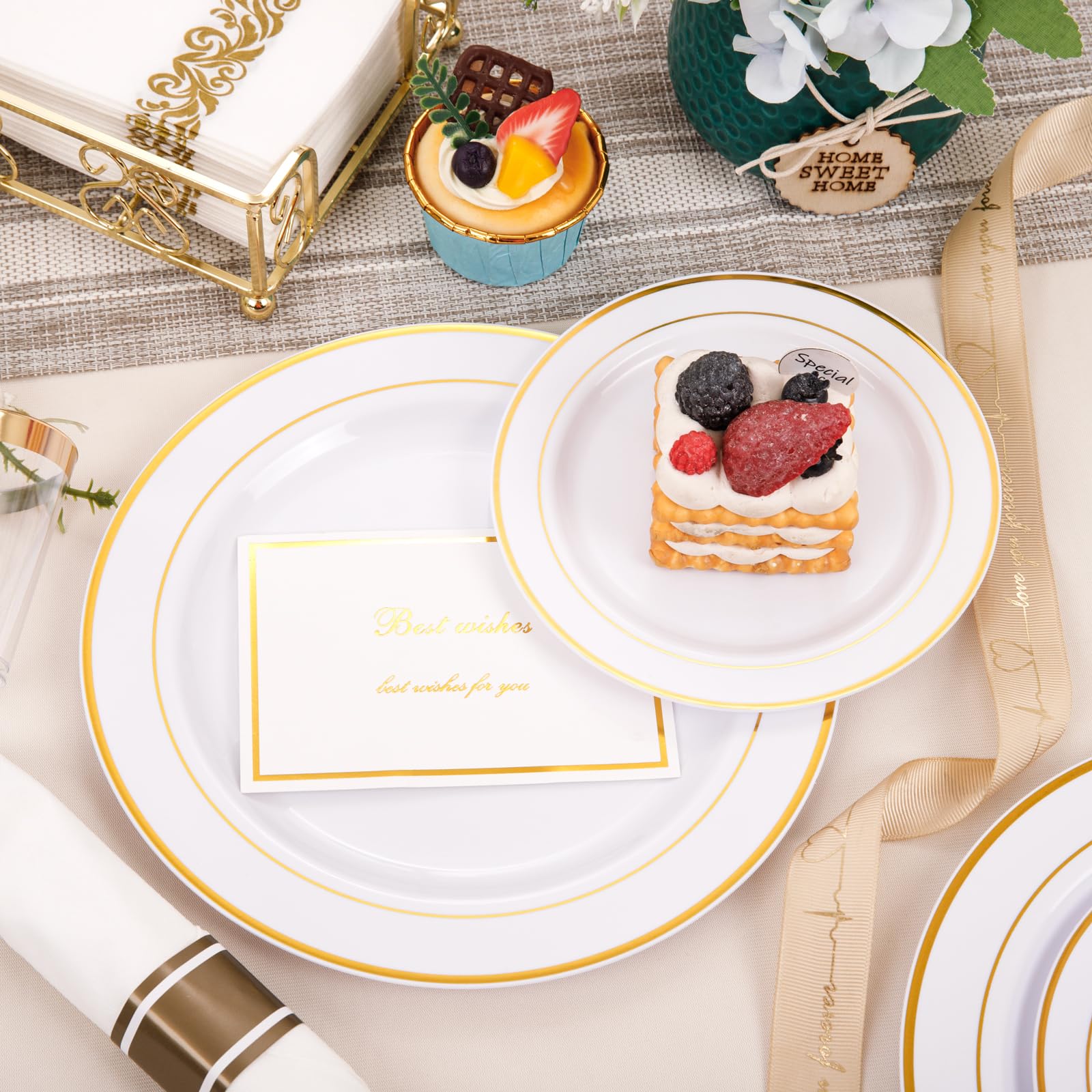 350-Piece Gold Dinnerware Set for 50 Guests - Elegant Disposable Gold Plastic Plates & Cutlery Includes 50 Dinner Plates, 50 Dessert Plates, 50 Pre-Rolled Napkins with Gold Silverware - Perfect for Weddings, Parties, Banquets & Special Events