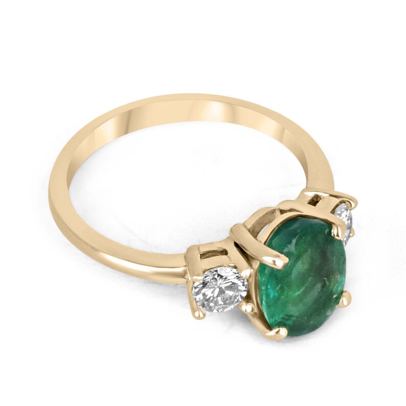 2.60 TCW 14K Gold Oval Cut Emerald & Round Diamond 3 Stone Engagement Ring – Elegant Prong Setting for Proposals, Anniversaries & Special Occasions