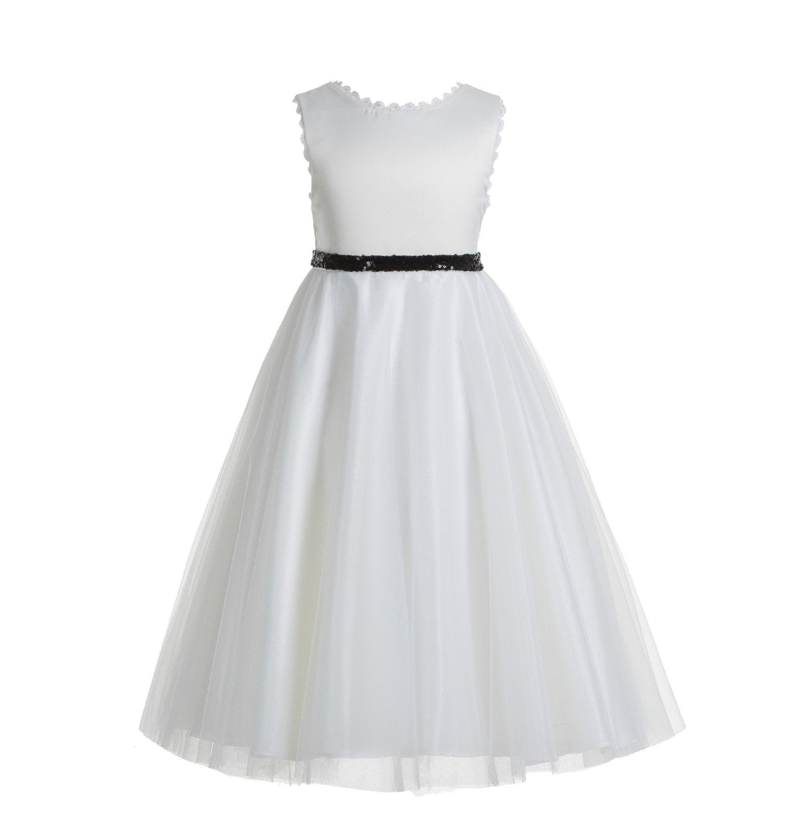 Elegant V-Back Lace Flower Girl Dress - White Communion & Baptism Gown for Girls | Perfect for Weddings, First Holy Communion & Special Occasions