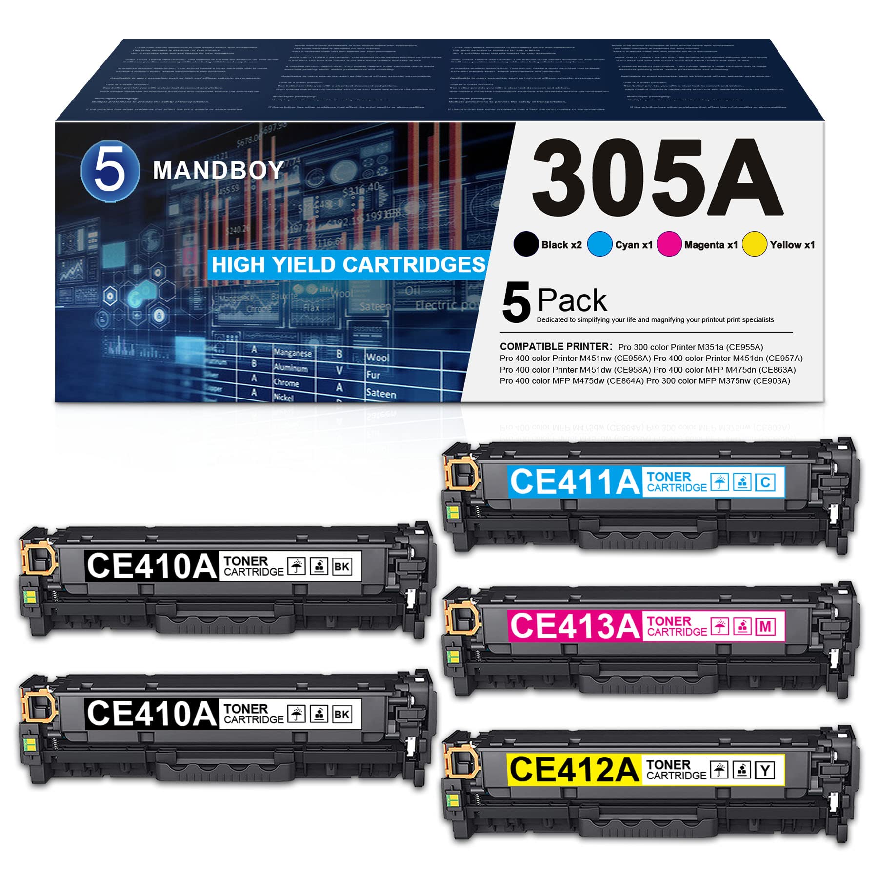 5-Pack (2BK/1C/1M/1Y) HP 305A CE410A CE411A CE412A CE413A Compatible Toner Cartridge Set - Replacement for HP LaserJet Pro 300 M351 M375 M451 M475 Series Printers - Perfect for Home Office & Small Business Printing Needs