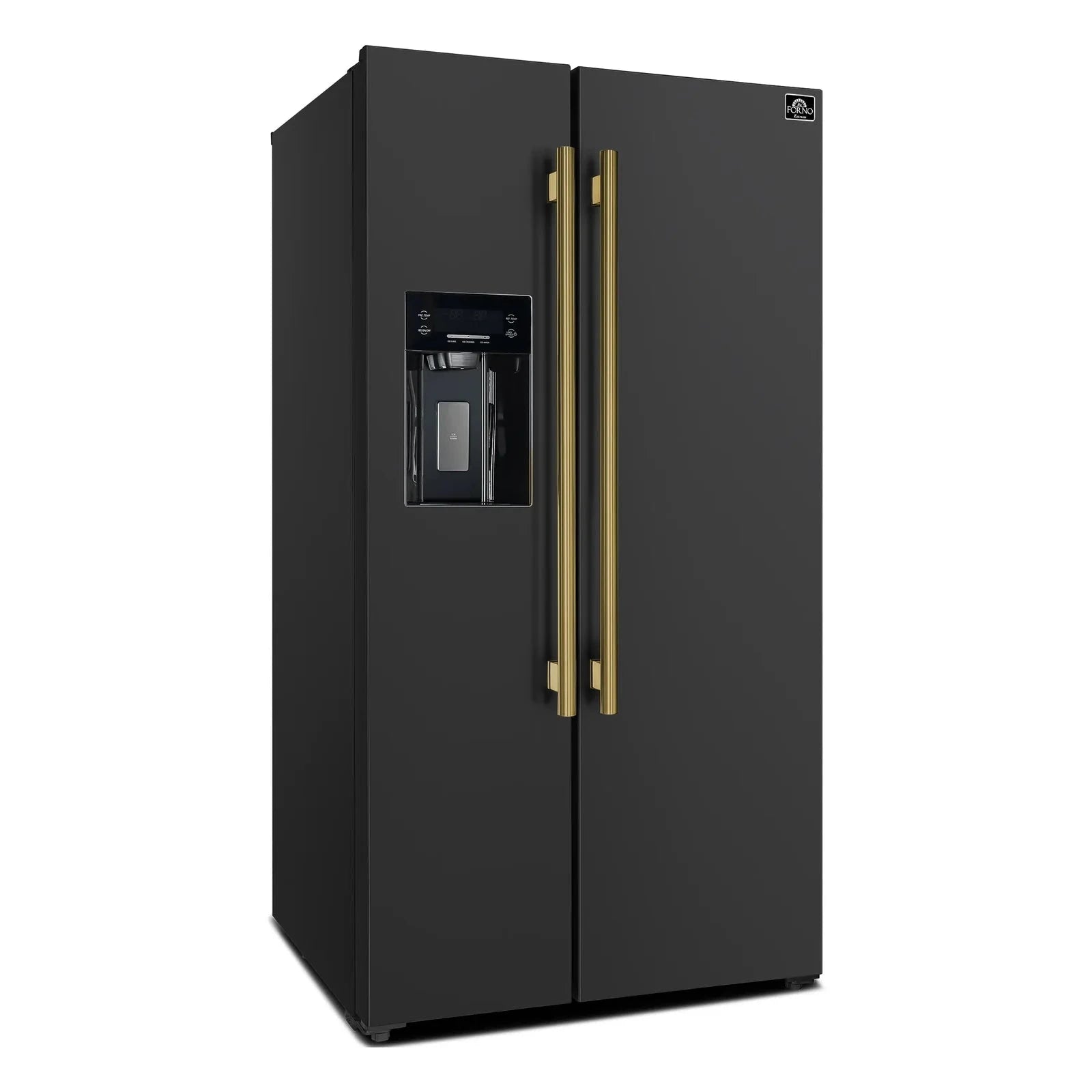 **Forno Espresso Salerno 36-Inch Side by Side Refrigerator with Water Dispenser - Black Finish & Antique Brass Handle (Model FFRBI1844 36BLK) - Perfect for Modern Kitchens & Entertaining**
