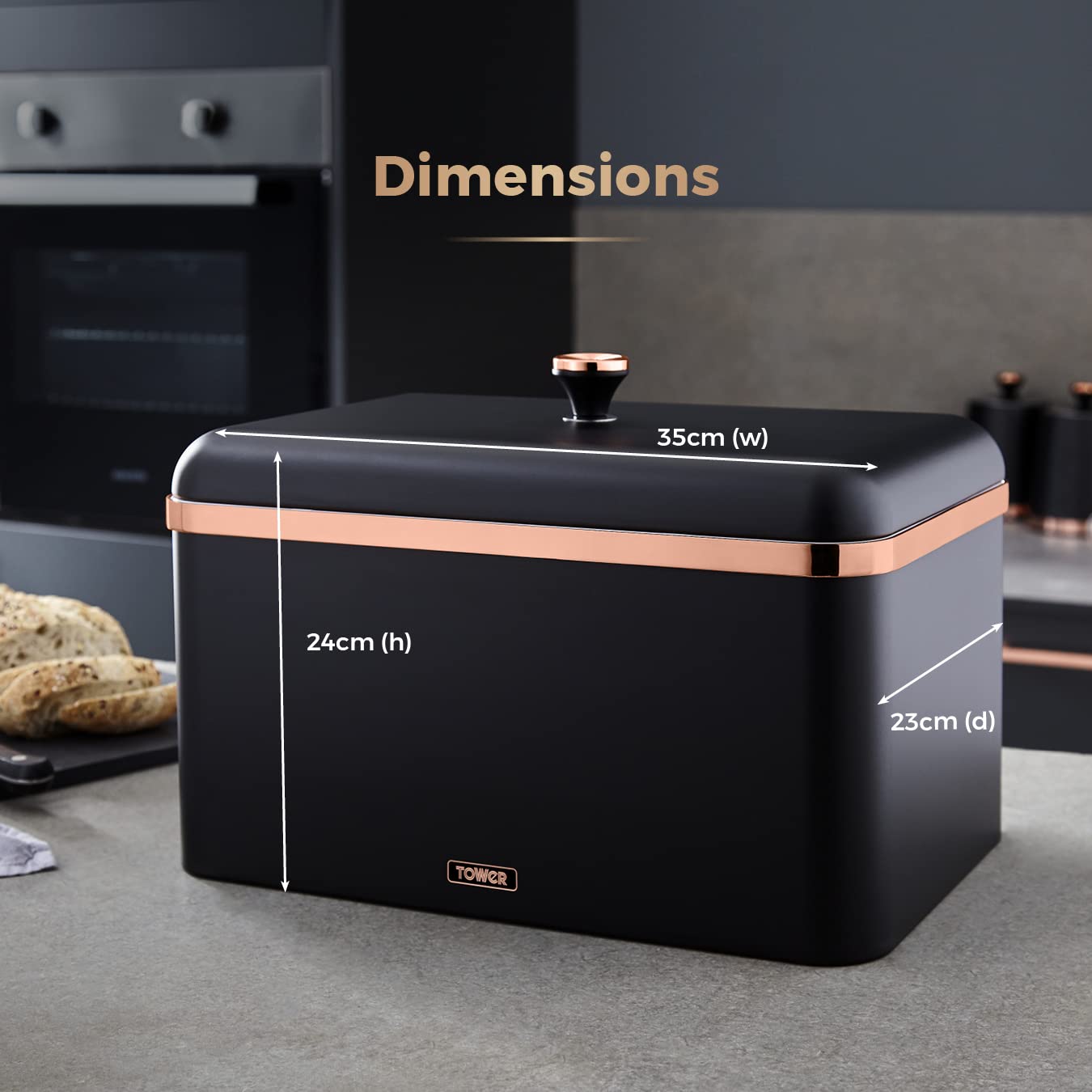 Premium Cavaletto Bread Bin with Removable Lid - Large Capacity Stainless Steel Bread Box for Kitchen Storage | Modern Black & Rose Gold Design | Perfect for Countertop Organization & Fresh Bread Keeping