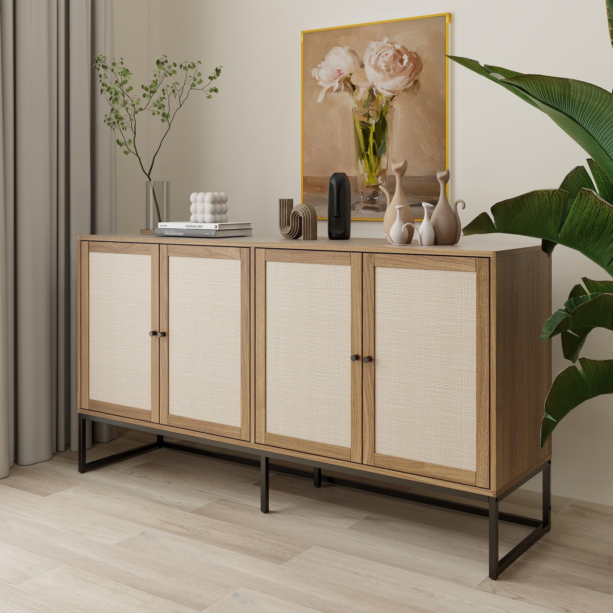 Modern Sideboard Cabinet with Rattan Doors - Adjustable Shelves Accent Storage for Kitchen, Dining Room, Living Room, Hallway & Office - Freestanding Storage Cabinet in Walnut Finish | Perfect for Home Organization & Stylish Decor