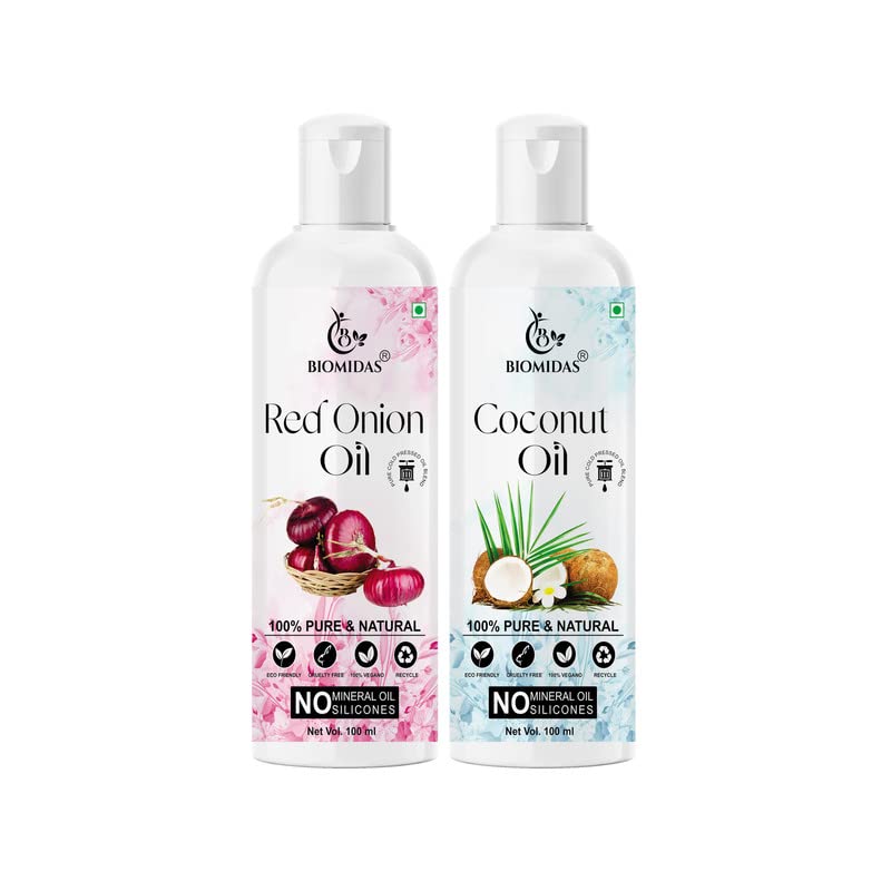 Biomidas 100% Pure Red Onion Oil & Coconut Oil Combo (100ML Each) - Promotes Rapid Hair Growth, Reduces Hair Fall, Repairs Split Ends for Softer & Shinier Hair - Perfect for Daily Hair Care & Scalp Treatment (Pack of 2)