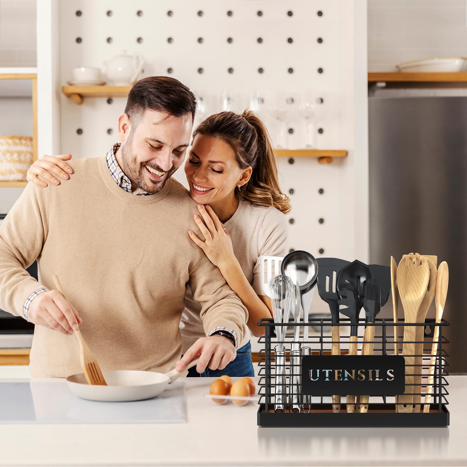 THYGIFTREE Large Black Metal Utensil Holder for Kitchen Counter - 3 Compartment Cooking Tool Organizer with Wood Base | Perfect for Spatulas, Ladles & Kitchen Utensils - Ideal for Countertop Organization & Easy Access While Cooking
