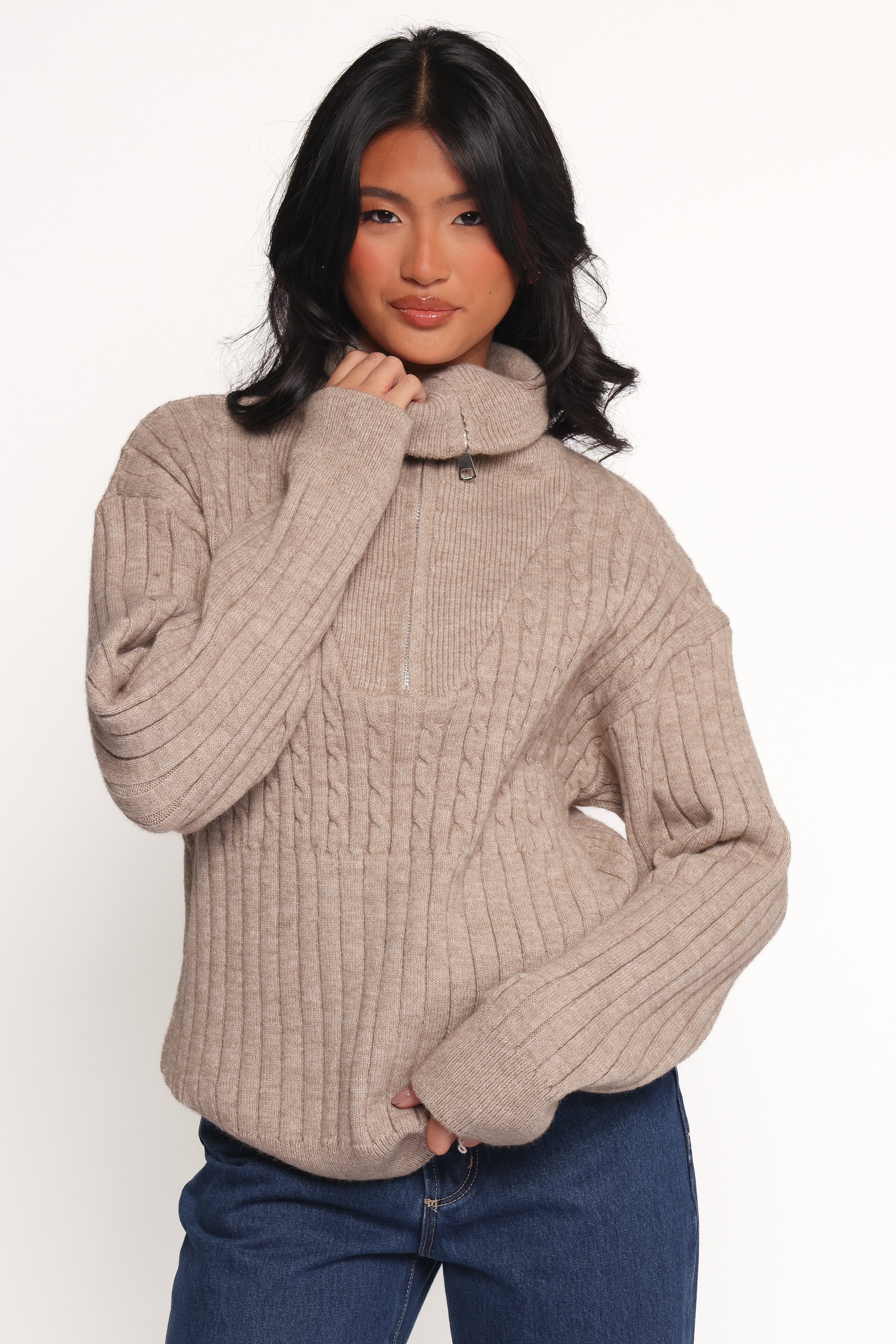 Anais Quarter Zip Knit Sweater Women's Casual Pullover Beige - Cozy Fall & Winter Layering Top for Work, Travel and Outdoor Activities