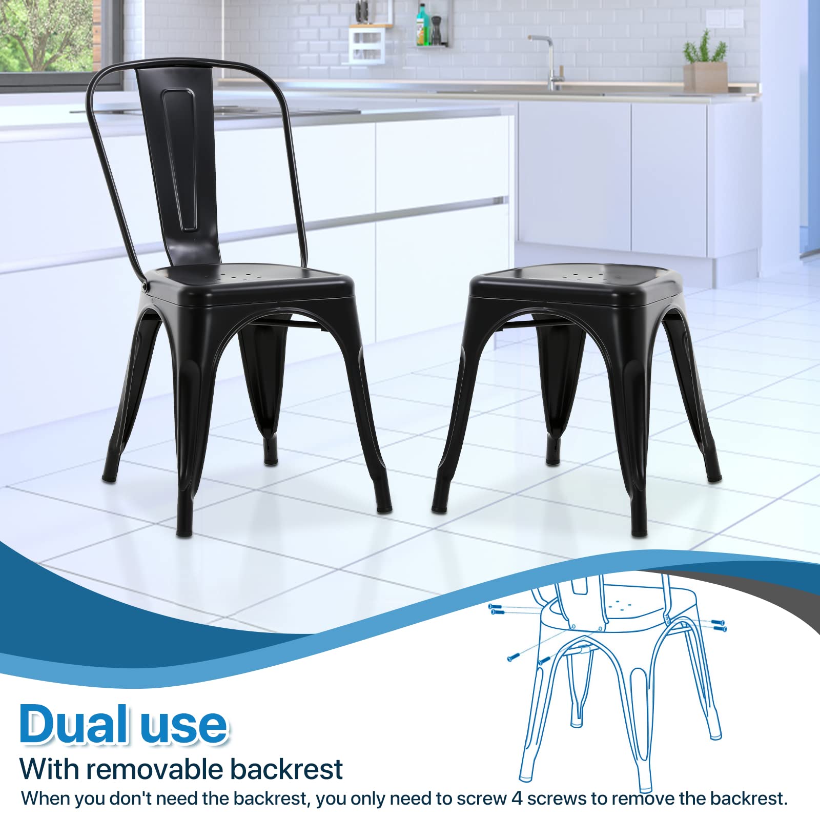 Tolix Metal Dining Chairs Set of 2 - 18 Inch Seat Height Stackable Indoor Outdoor Black - Perfect for Patio, Restaurant, Cafe and Home Dining Room
