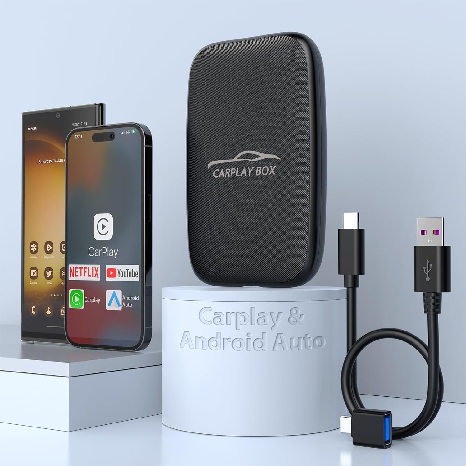 2 in 1 Wireless CarPlay & Android Auto Adapter - Plug & Play Dongle for iPhone to Convert Wired to Wireless CarPlay - Built-in Netflix & YouTube Support - Compatible with Cars from 2015 - Perfect for Streaming & Hands-Free Driving