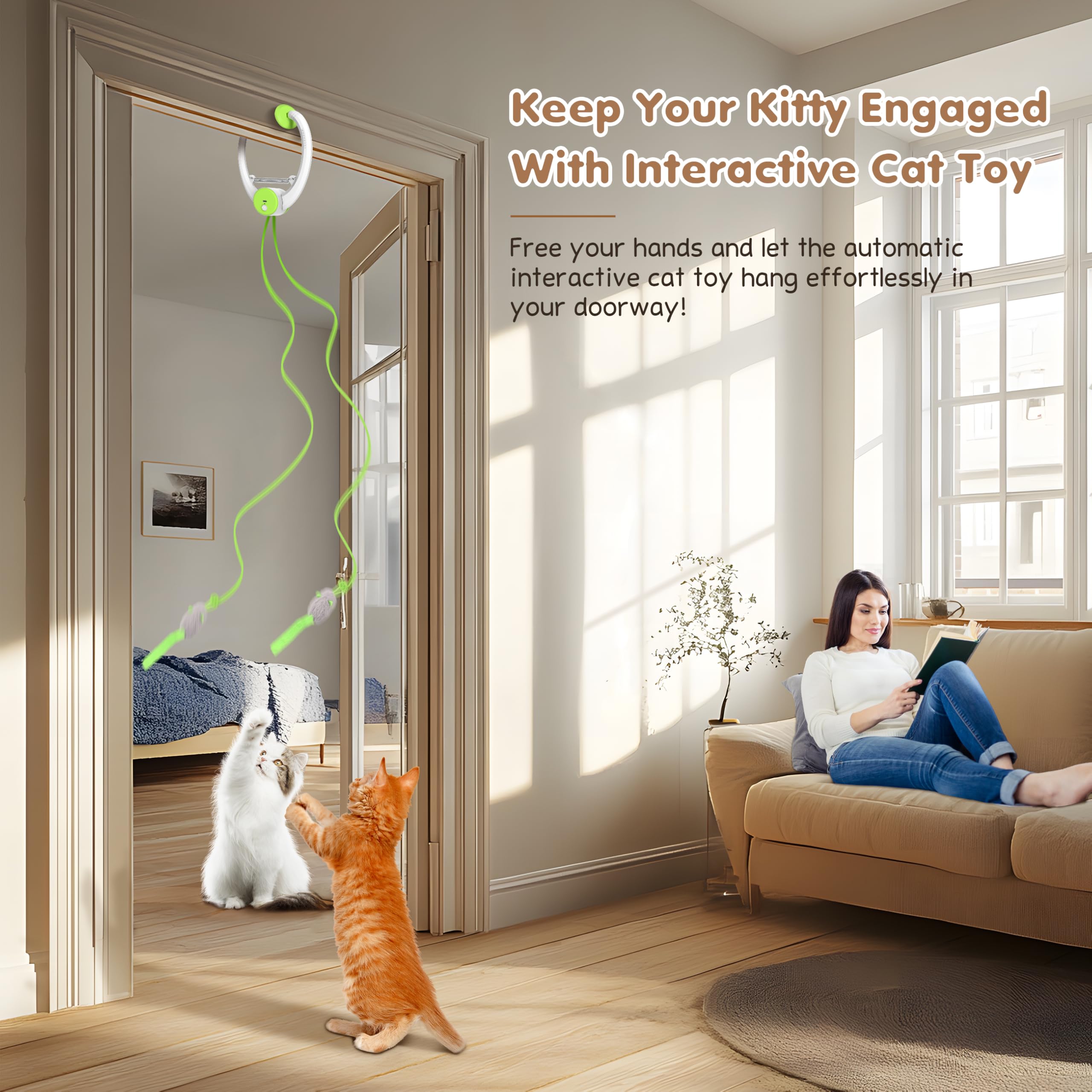 Interactive Cat Feather Toys for Indoor Cats - Retractable Teaser Toy with 3 Plush Mice for Play, Chase & Exercise - Green Automatic Kitten Mental Stimulation Toy (Great for Playtime, Training & Bonding with Your Feline)