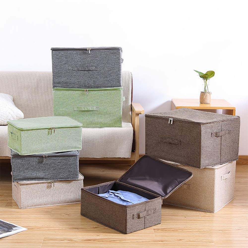 ANMINY 3-Piece Foldable Storage Bins with Zipper Lids & Handles - PP Plastic Board & Cotton Linen Fabric Organizer Boxes for Closet, Clothes, Home Organization (Green, Small Size) | Perfect for Bedroom, Nursery & Office Storage Solutions