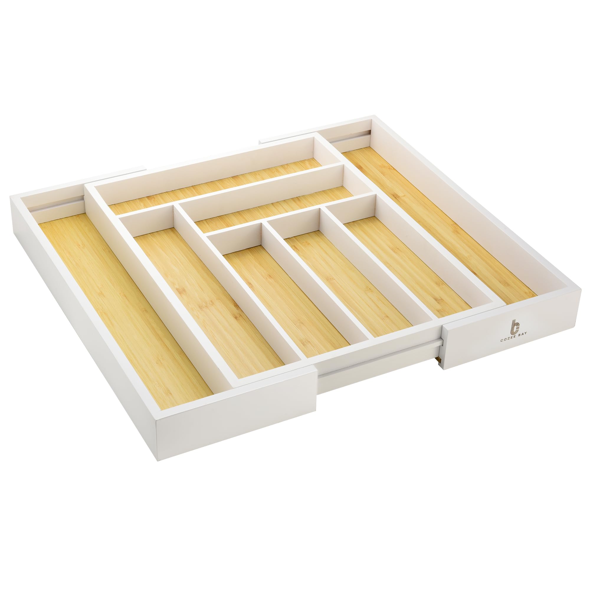 Cozee Bay Bamboo Drawer Organizer - Adjustable Cutlery Tray & Utensil Holder with Dividers for Kitchen, Office Desk, Bathroom Storage (White) | Perfect for Silverware Organization, Desk Supplies & Bathroom Essentials