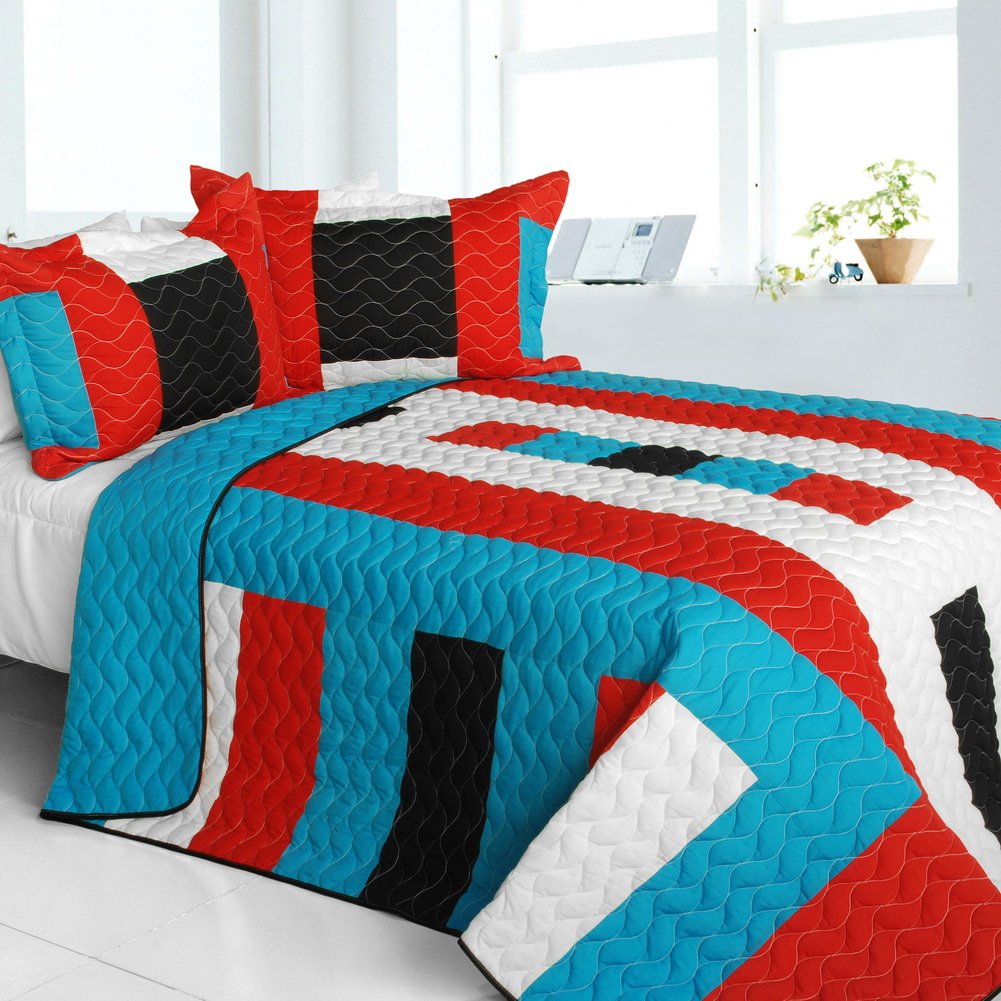 Vital Vibrations Vermicelli-Quilted Patchwork Geometric Quilt Set Full/Queen Size - Soft & Stylish Bedding for Modern Bedrooms, Guest Rooms & Dorm Decor