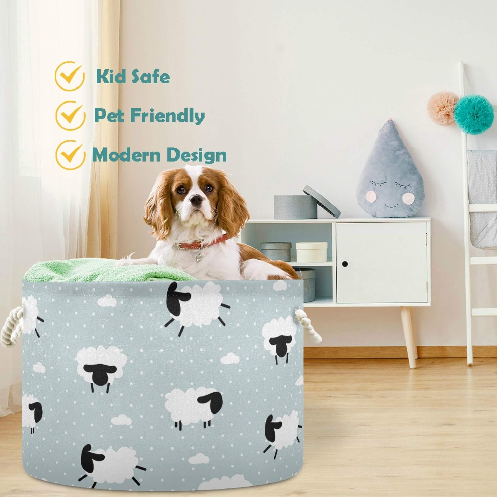 Visesunny Large Collapsible Storage Basket - Cute White Sheep Design with Durable Cotton Handles, Home Organization Bin for Toys, Laundry, Clothes | Perfect for Bedroom, Closet, Office & Nursery Storage Solutions