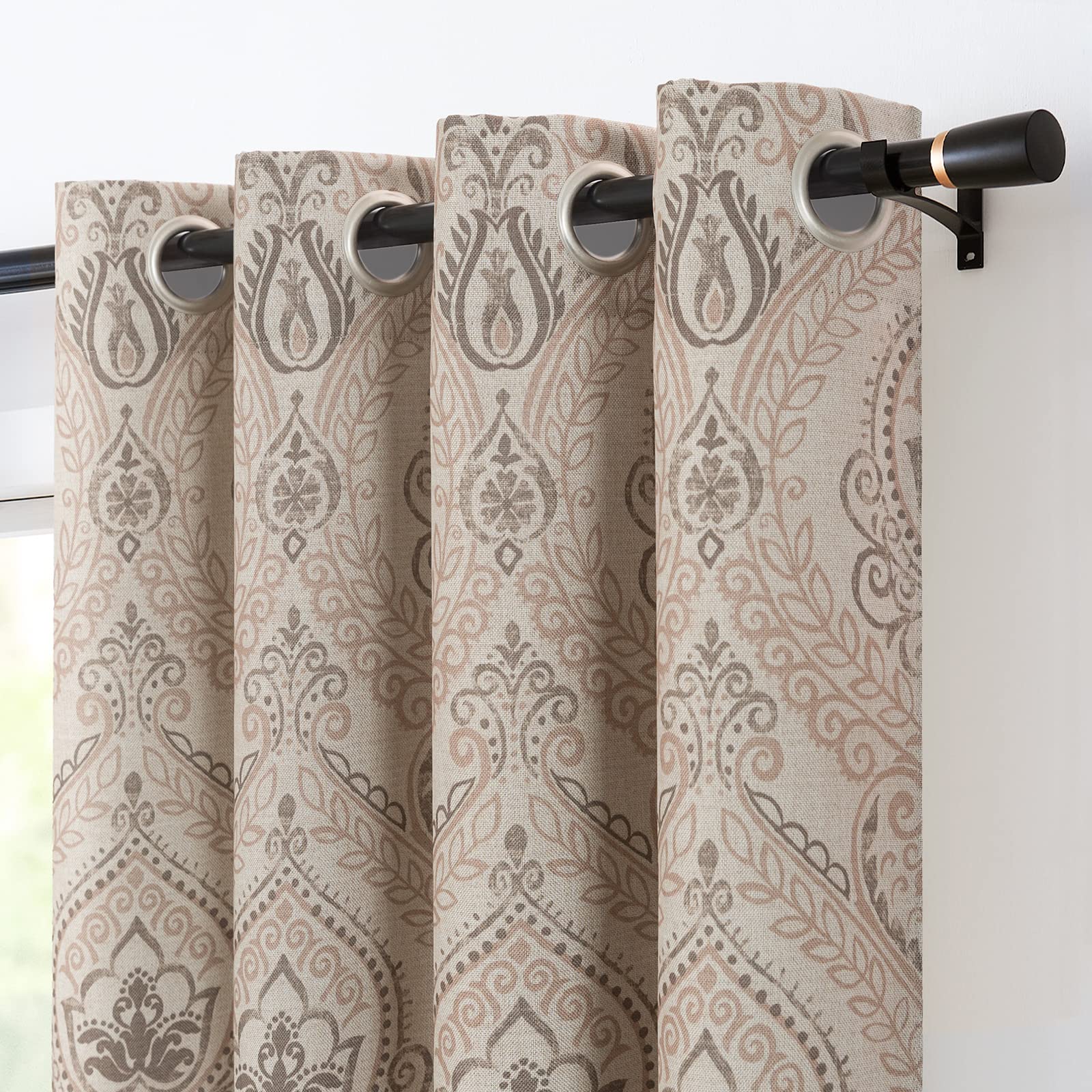 Vangao Damask Curtains - Vintage Paisley Medallion Print Blackout Drapes for Bedroom & Living Room, Linen Textured Window Treatments (96 Inch, 2 Panels, Taupe on Beige) - Perfect for Home Decor, Privacy & Light Control