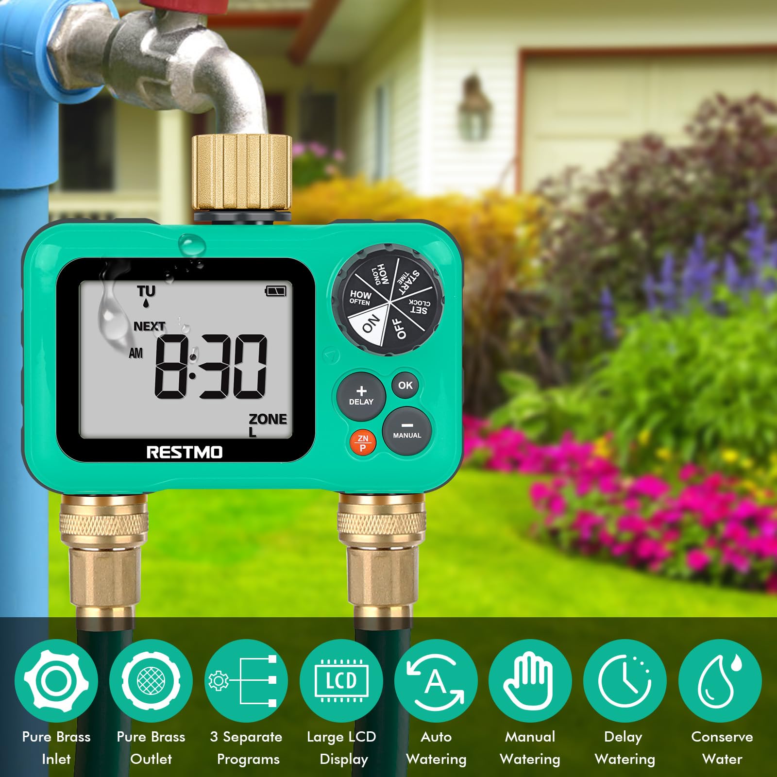 RESTMO Sprinkler Timer with Brass Inlet & Outlet - 2 Zone Programmable Garden Hose Water Timer with 3 Separate Programs | Manual/Rain Delay/Automatic Watering for Drip Irrigation, Lawn & Outdoor Plants | Perfect for Backyard, Garden & Landscape Watering Systems