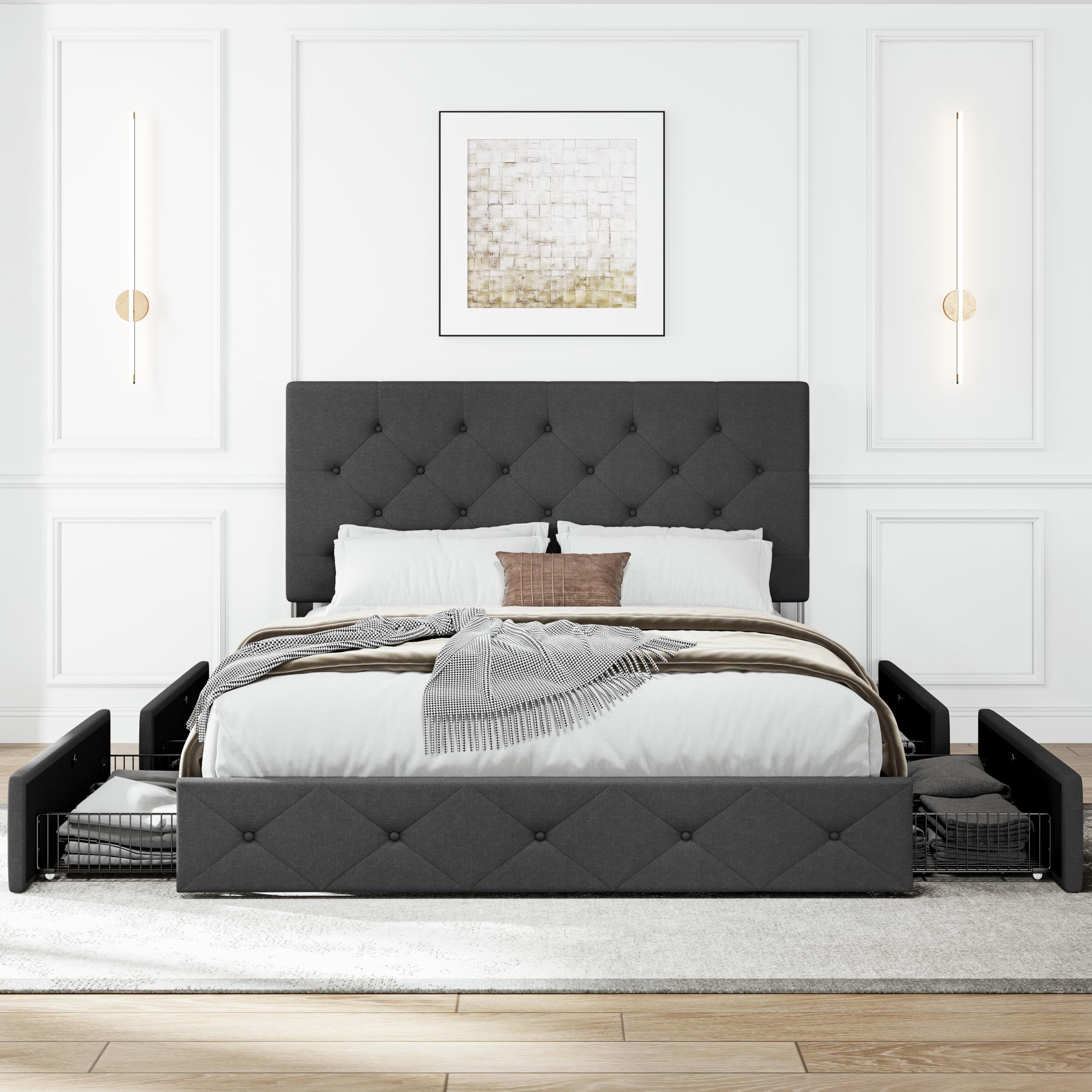 SHA CERLIN Upholstered Queen Size Platform Bed Frame with 4 Storage Drawers - Adjustable Diamond Stitched Headboard, Wooden Slat Support, No Box Spring Needed - Dark Grey Modern Bedroom Furniture for Small Space & Storage Solutions
