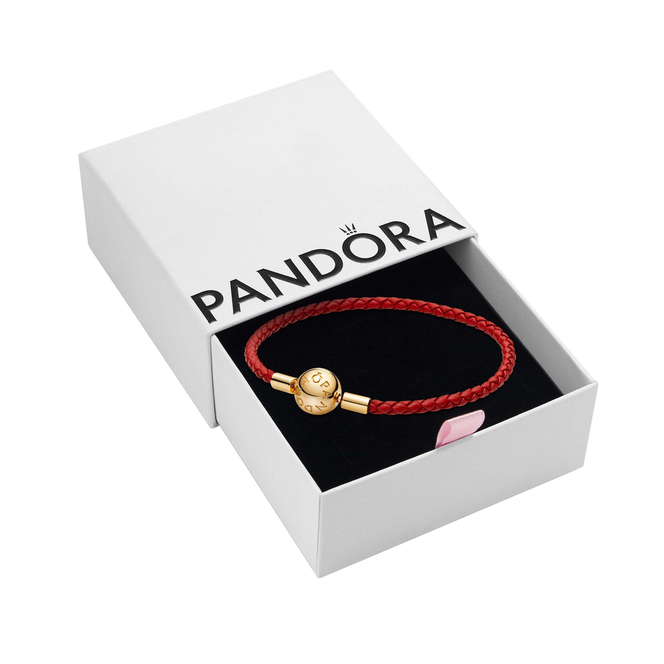 PANDORA Moments Woven Leather Bracelet with 18k Gold-Plated Clasp | Compatible with PANDORA Charms | PANDORA Shine & Leather | Elegant Gift for Women with Gift Box | Perfect for Anniversaries, Birthdays & Special Occasions