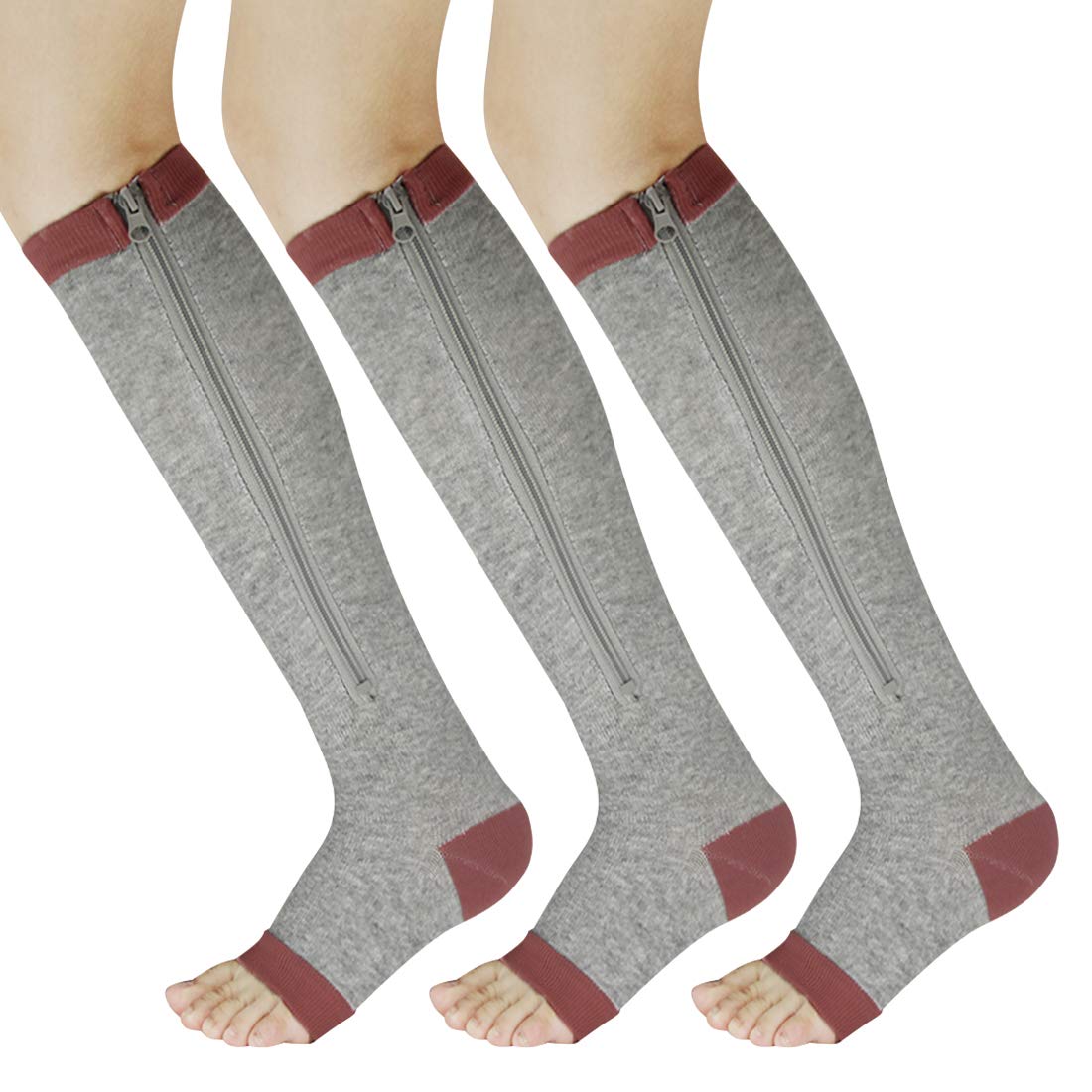 YUSHOW 3 Pairs Open Toe Compression Socks for Women - Breathable Zipper Support Stockings, Knee High Toeless Socks for Circulation, Running, Travel & Nursing