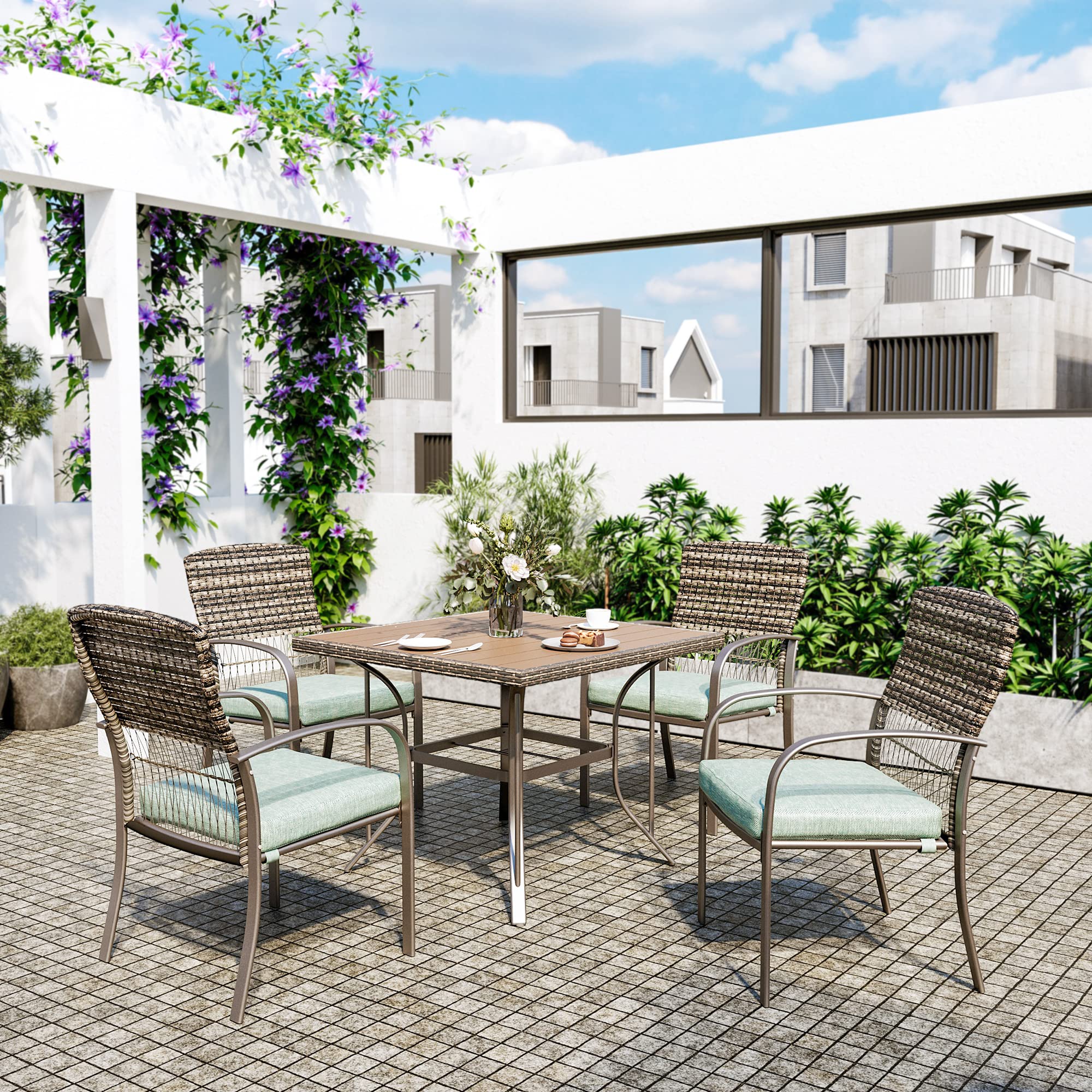 Pamapic 5-Piece Outdoor Patio Dining Set - Green Weather-Resistant PE Rattan Table & Chairs with Comfortable Cushions | Easy to Clean & Maintain | Perfect for Backyard, Garden, Poolside or Balcony Dining