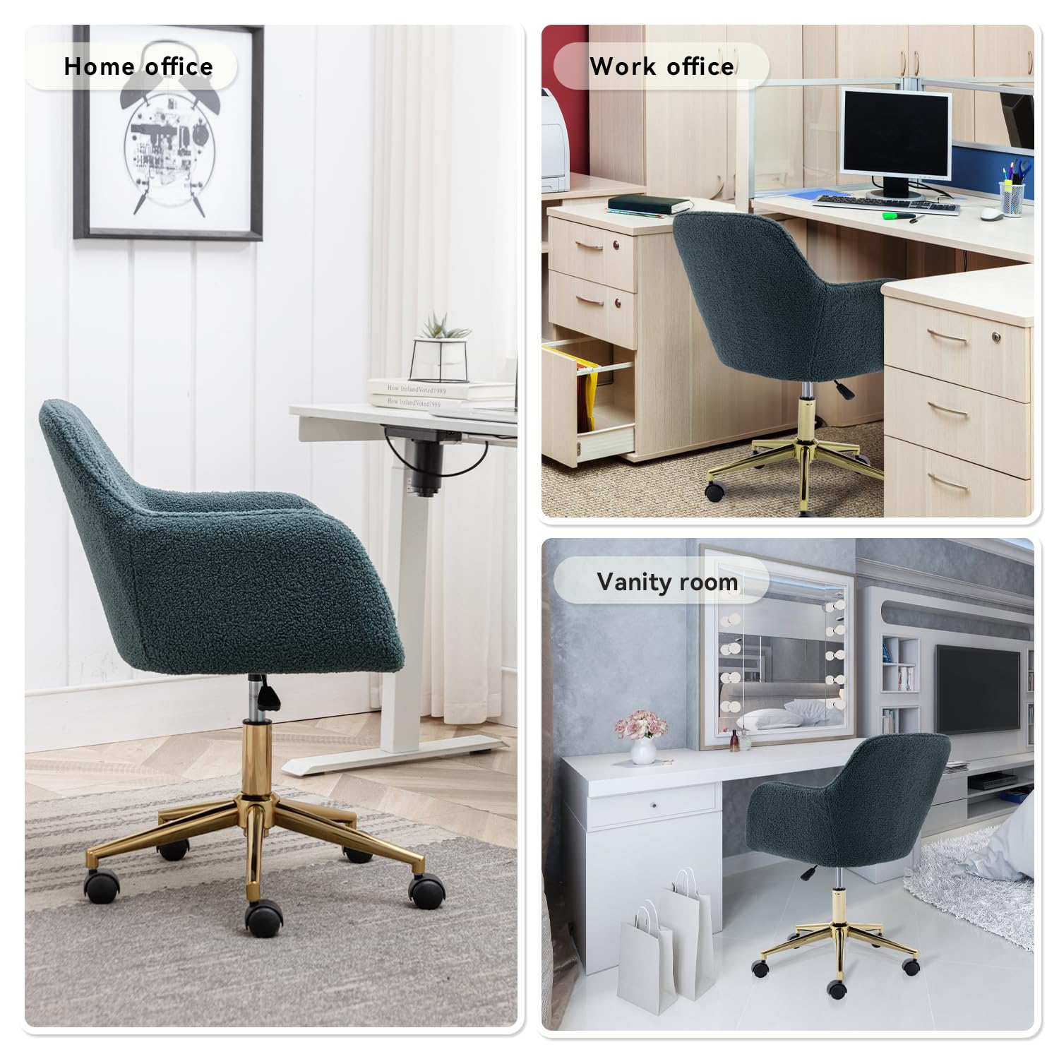 Teddy Fabric Home Office Chair - Cute Swivel Desk Chair with Wheels, Modern Rolling Adjustable Vanity Chair with Gold Base for Home Office, Vanity Room, Bedroom - Perfect for Work from Home, Gaming, and Makeup Station