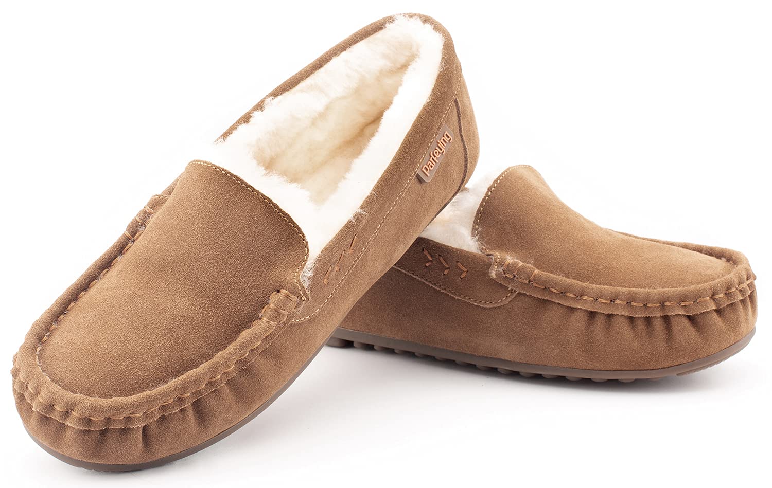 Parfeying Women's Sheepskin Moccasin Slippers - Soft Cow Suede Memory Foam Loafers for Driving & Indoor Comfort - Cozy House Shoes for Relaxing at Home