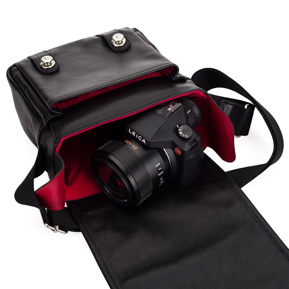 Oberwerth Boulevard Compact Leather Camera Bag - Black with Red Lining | Premium DSLR & Mirrorless Camera Case | Perfect for Travel, Street & Studio Photography