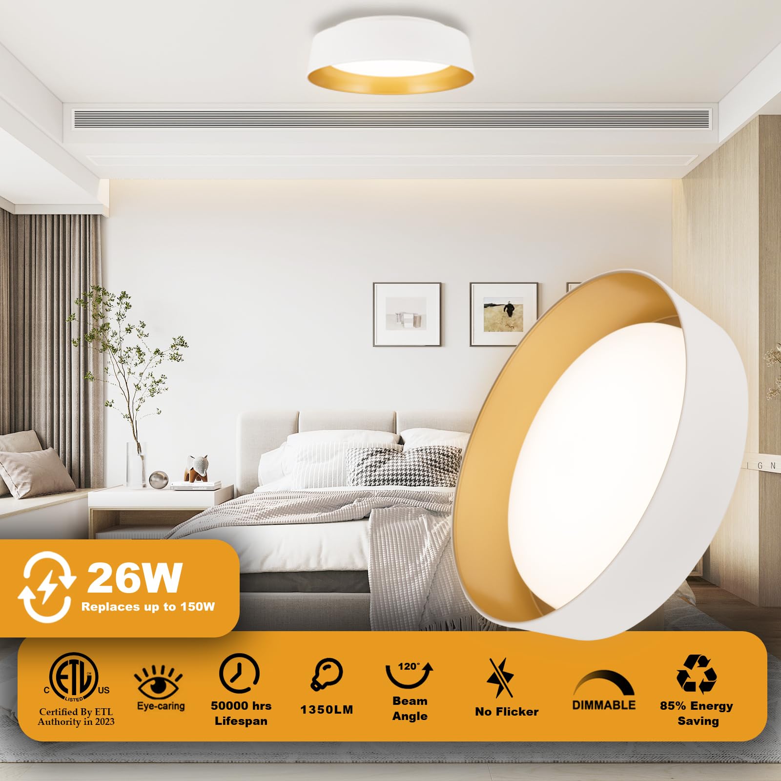 12.5 Inch LED Flush Mount Ceiling Light Fixture - 26W Super Bright 1350 Lumen - 3 Color Temperatures (3000K/4000K/5000K) - Matte White with Gold Accent - Dimmable LED Ceiling Light for Bedroom, Hallway, Bathroom & Outdoor Use - Perfect for Modern Home Lighting and Commercial Spaces