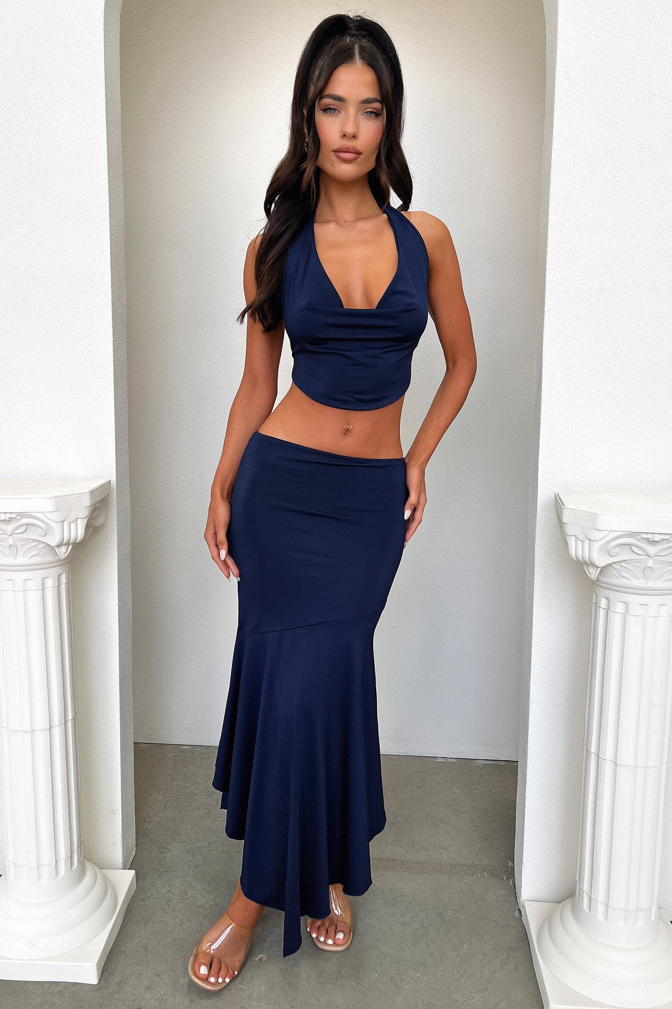 Aida Maxi Skirt for Women - Navy Blue Flowy Long Skirt with Elastic Waist | Perfect for Beach, Vacation & Summer Outfits