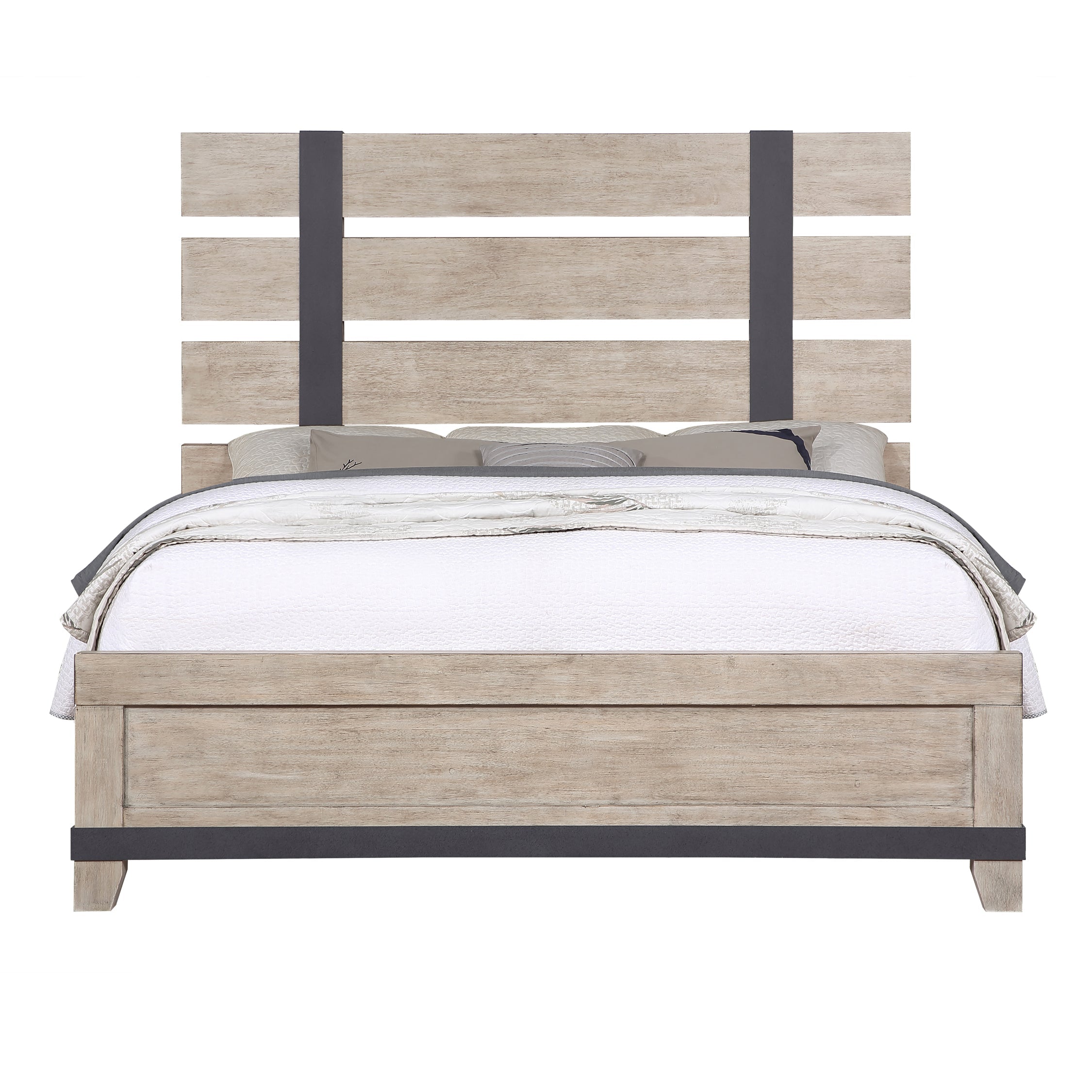 Arbela Wood Slatted Panel Bed - Queen Size, Weathered Oak Finish, Solid Wood Frame, Modern Farmhouse Style - Perfect for Bedroom, Guest Room, and Home Decor