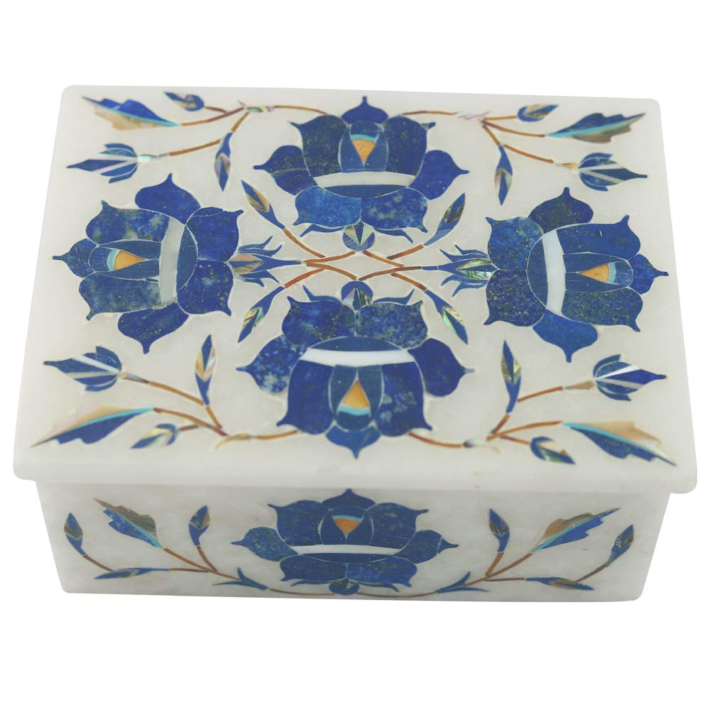 Queenza 3x4 Inch Blue Floral Jewelry Box with Gemstone Inlay - Elegant Jewelry Storage Organizer for Women & Girls - Perfect for Rings, Necklaces & Bracelets - Ideal Valentine's Day Gift & Travel Jewelry Case
