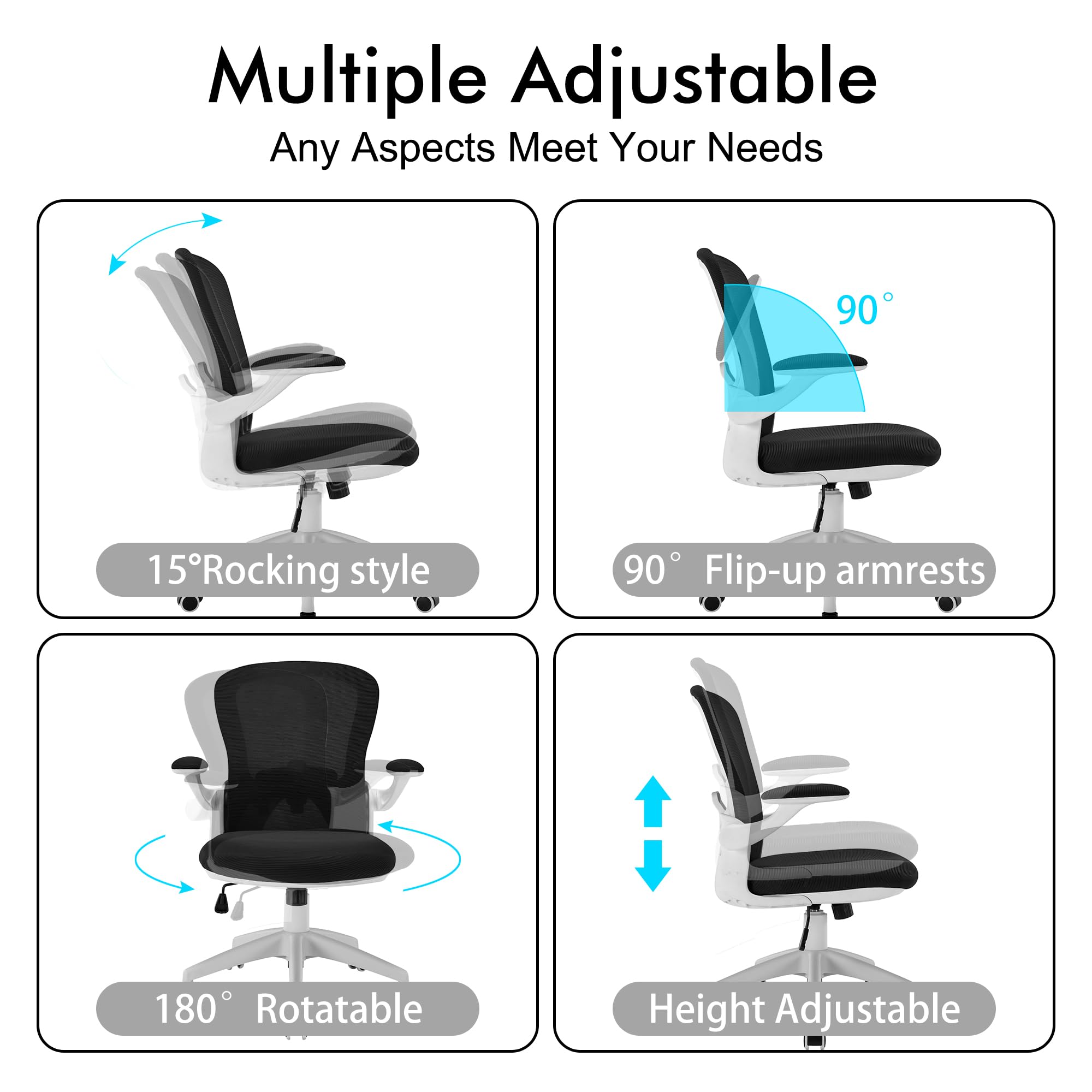 Ergonomic Office Chair with Lumbar Support - Adjustable Mesh Computer Gaming Chair for Home Office, Bedroom & Workspace - Swivel Task Chair with Armrests (White) - Perfect for Long Hours of Work, Gaming & Studying