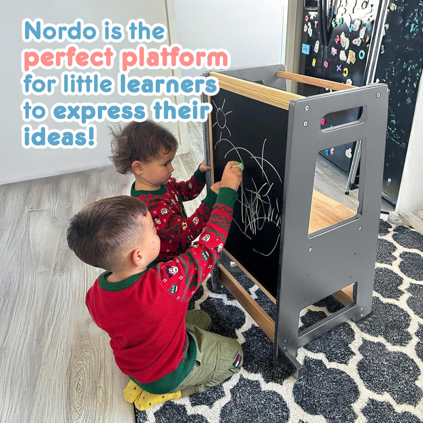 Adjustable Height Toddler Kitchen Helper Stool with Anti-Slip Protection & Safety Rail | Montessori Learning Stool with Chalkboard for Kids | Perfect for Baking, Cooking & Playtime (Gray)
