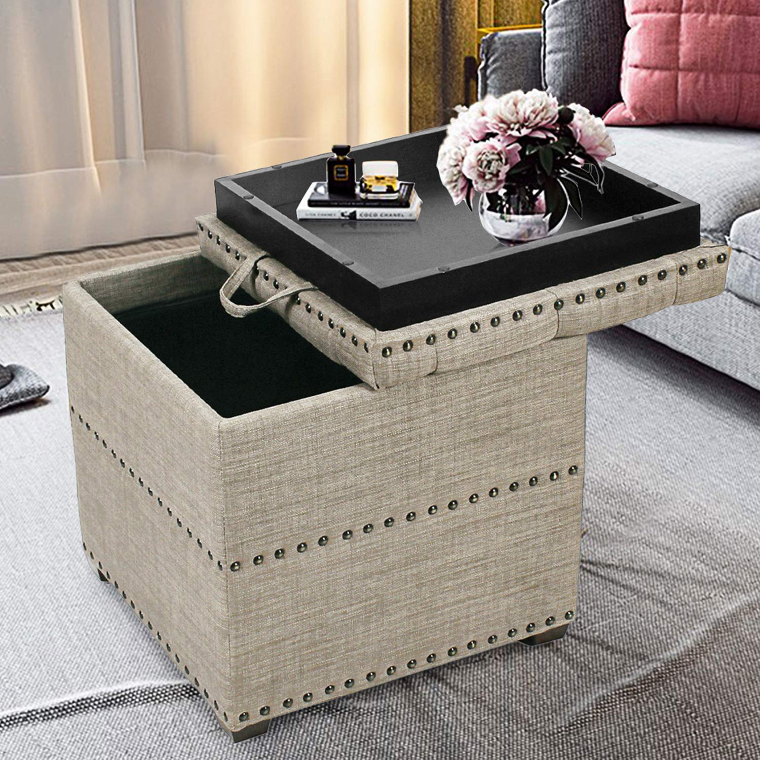 Modern Fabric Storage Ottoman Footrest Stool with Removable Lid - Padded Seat Side Table for Bedroom, Living Room & Porch - Perfect for Extra Seating, Storage & Home Decor