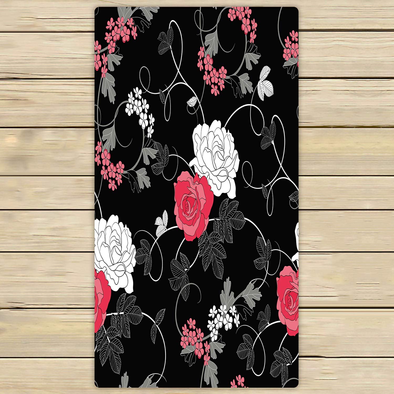 Premium Black Beach Bath Towels with Rose Design - 30x56 Inch Soft Absorbent Shower Towel for Home, Spa, Travel & Outdoor Use