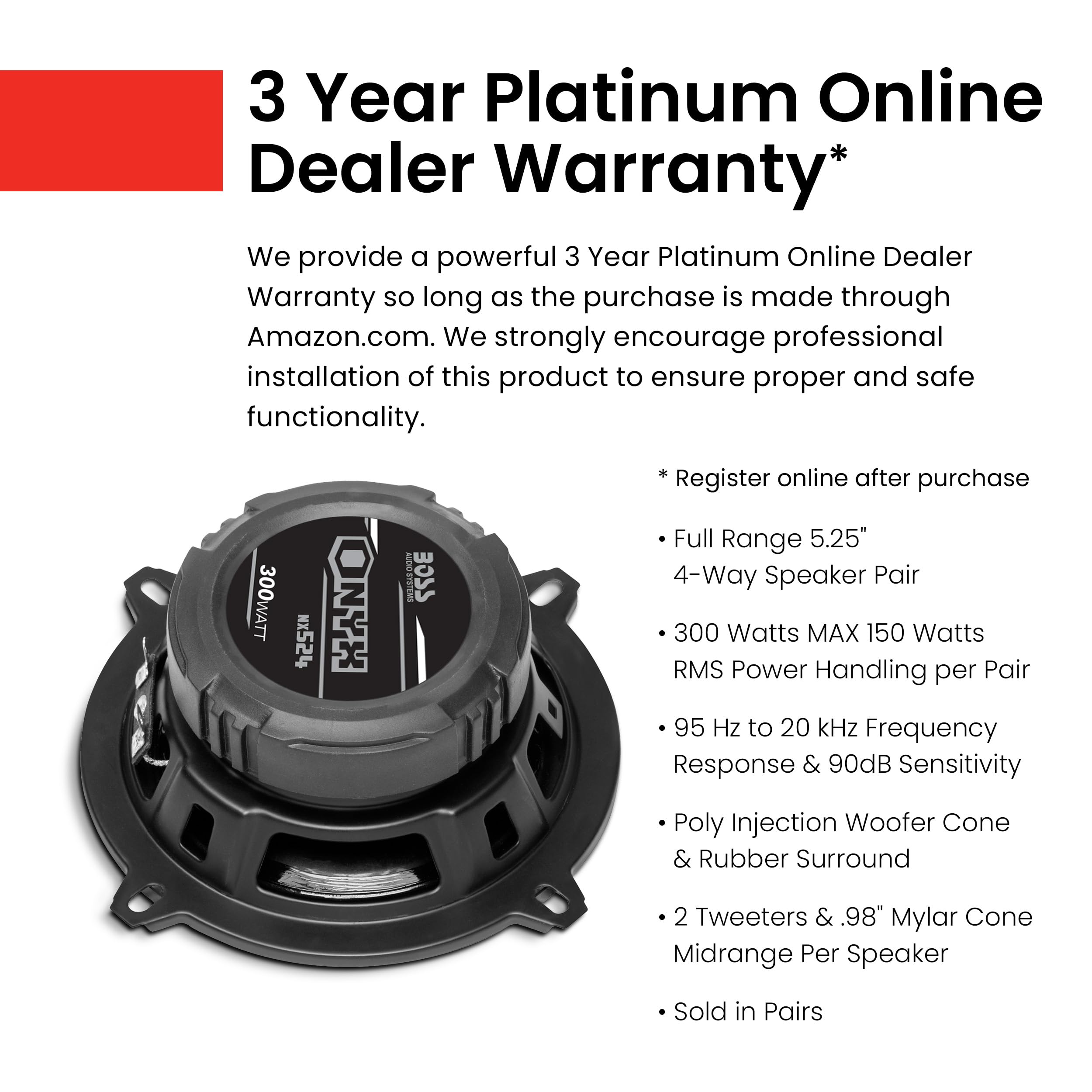 BOSS Audio NX524 Onyx Series 5.25 Inch Car Door Speakers - 300W Coaxial 4-Way Full Range 4 Ohm Pair - Ideal for Car Audio Upgrades and Enhanced In-Car Sound Experience