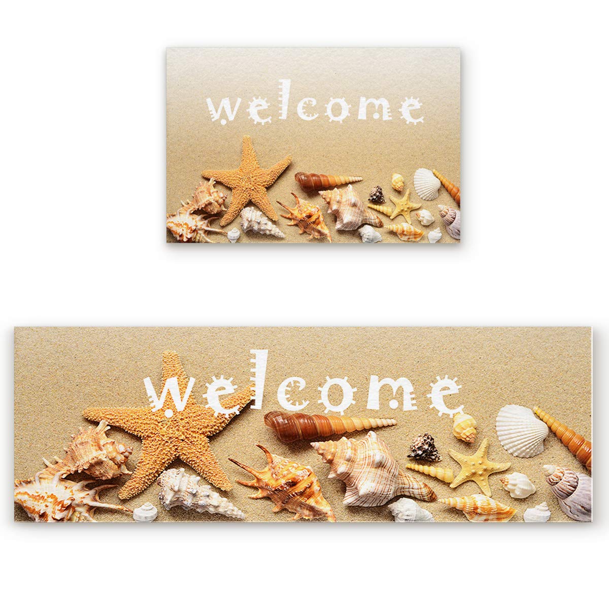 2-Pack Non-Slip Kitchen Floor Mats Set - Anti-Fatigue Standing Mat with Rubber Backing, Ocean Shells & Starfish Print, Washable Runner Rug for Home & Office (23.6