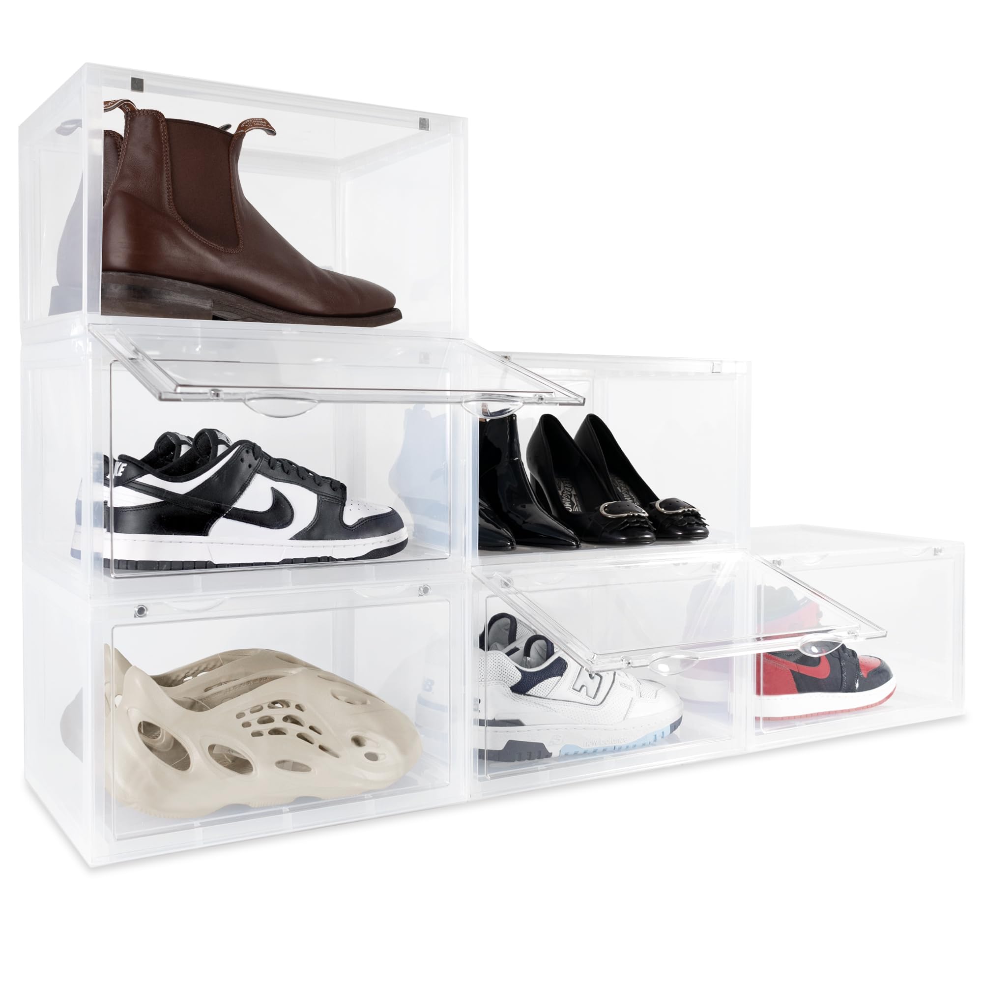 OLLIE XL Foldable Stackable Clear Hard Plastic Shoe Storage Box Organizer for Closet - Holds Up to Size 13 Shoes - Acrylic Shoe Box Containers for Jordan Sneakers, Boots & Heels - Perfect for Bedroom, Closet & Entryway Organization