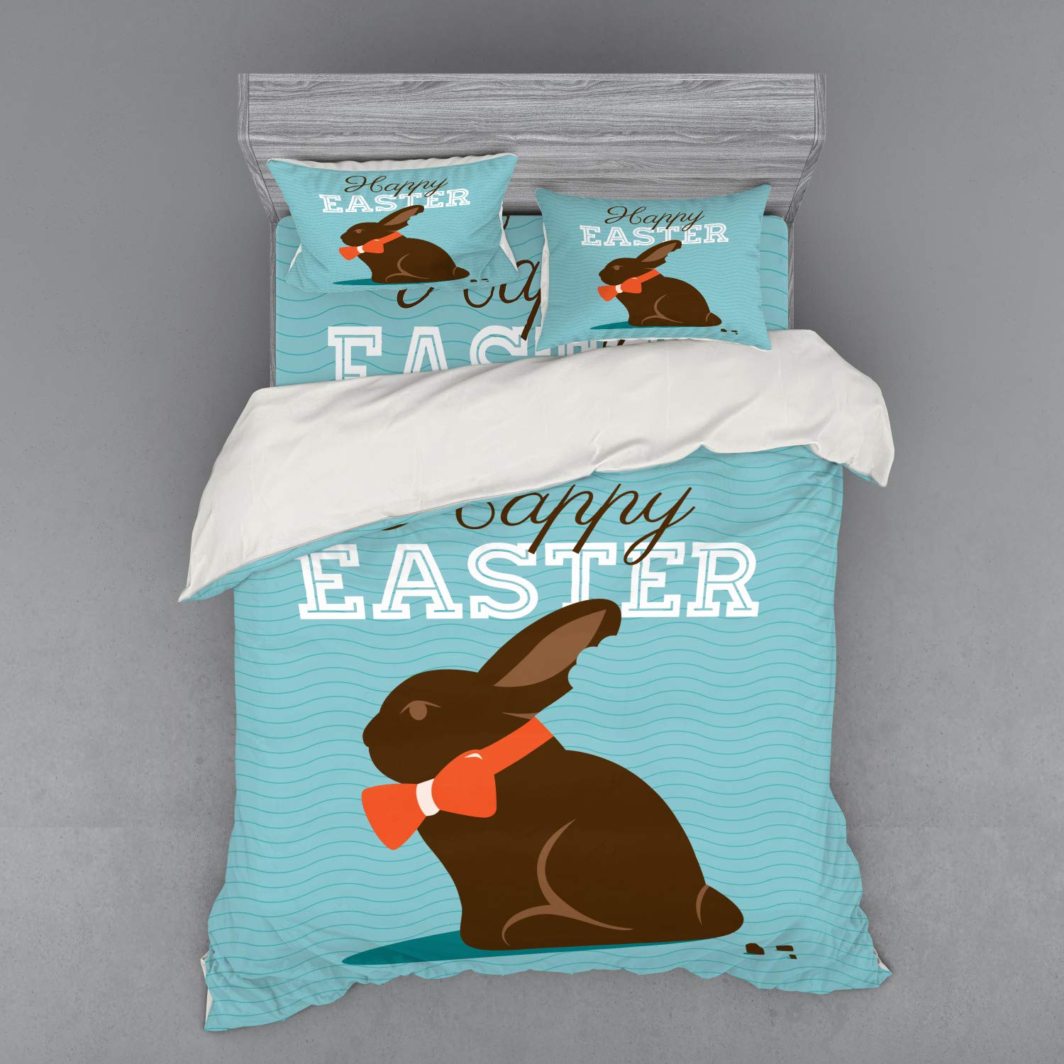 Ambesonne Easter Bedding Set - Chocolate Bunny with Orange Bow Tie on Wavy Stripes, 4-Piece Duvet Cover Set with Shams & Fitted Sheet, Queen Size, Dark Brown Orange Pale Blue - Perfect for Easter Decorations, Spring Bedroom Makeover & Holiday Gift Ideas