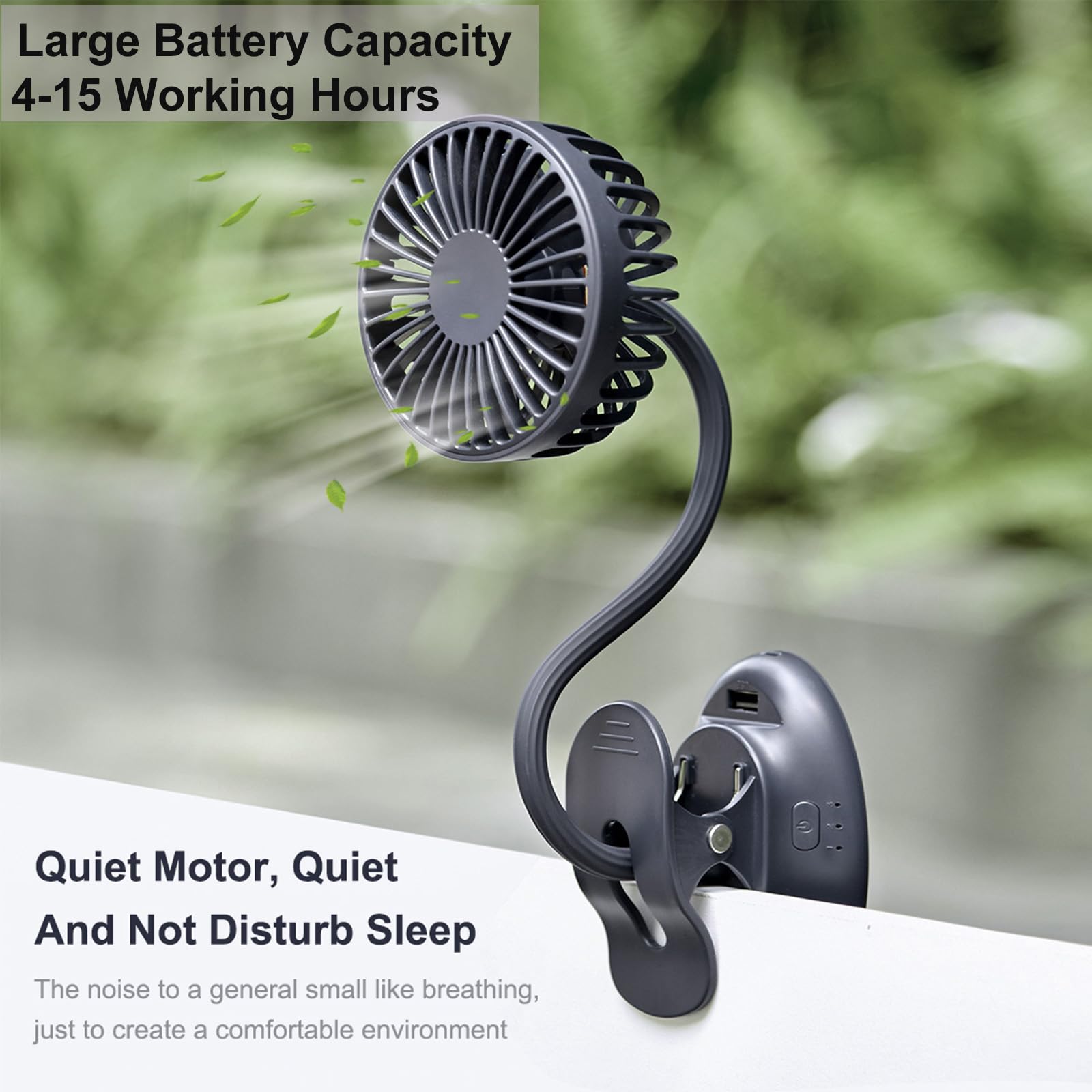 USB Clip on Mini Fan - Rechargeable Battery Operated Desk Fan with Emergency Power Bank, 3 Speed Adjustable Flexible Neck - Perfect for Baby Stroller, Beach, Car, Camping, Dorm, Bed & Office (Black)