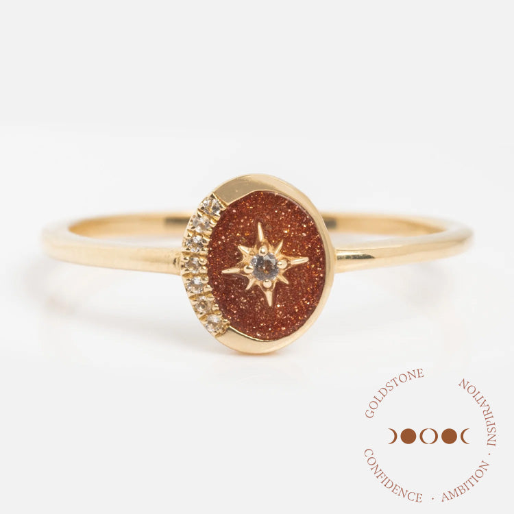 Solid Gold Crystal Crescent Moon Ring for Manifestation & Spiritual Healing - Perfect for Meditation, Yoga, and Gift Giving