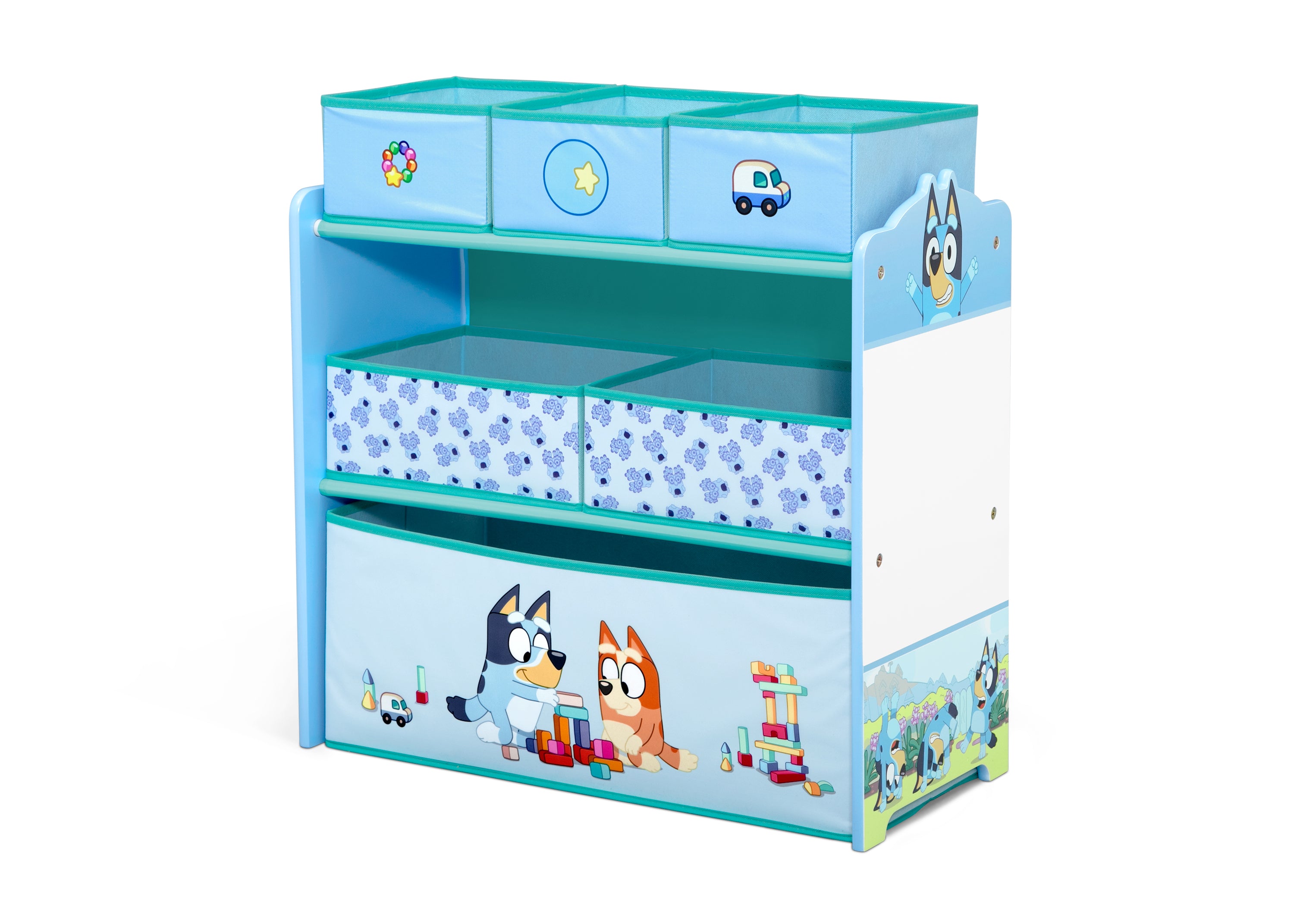 Bluey Themed 6-Bin Toy Storage Organizer for Kids - Durable Plastic Toy Box with Handles for Playroom, Bedroom, and Classroom Organization
