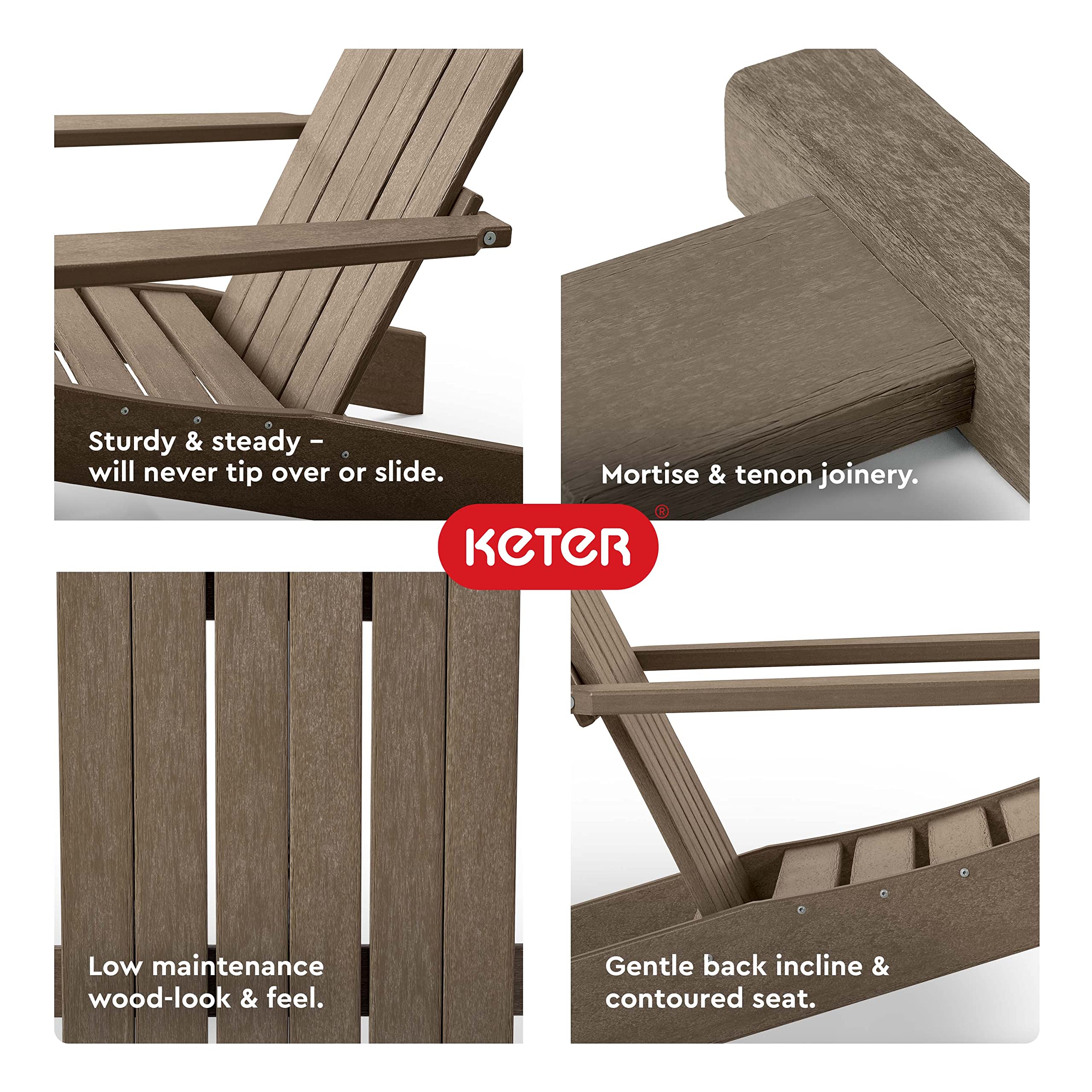 Keter Montauk Weatherproof Adirondack Chair - Durable Outdoor Furniture for Pool, Patio & Fire Pit - Easy Assembly Sturdy Seating in Weatherwood Finish - Perfect for Backyard Relaxation & Outdoor Entertaining