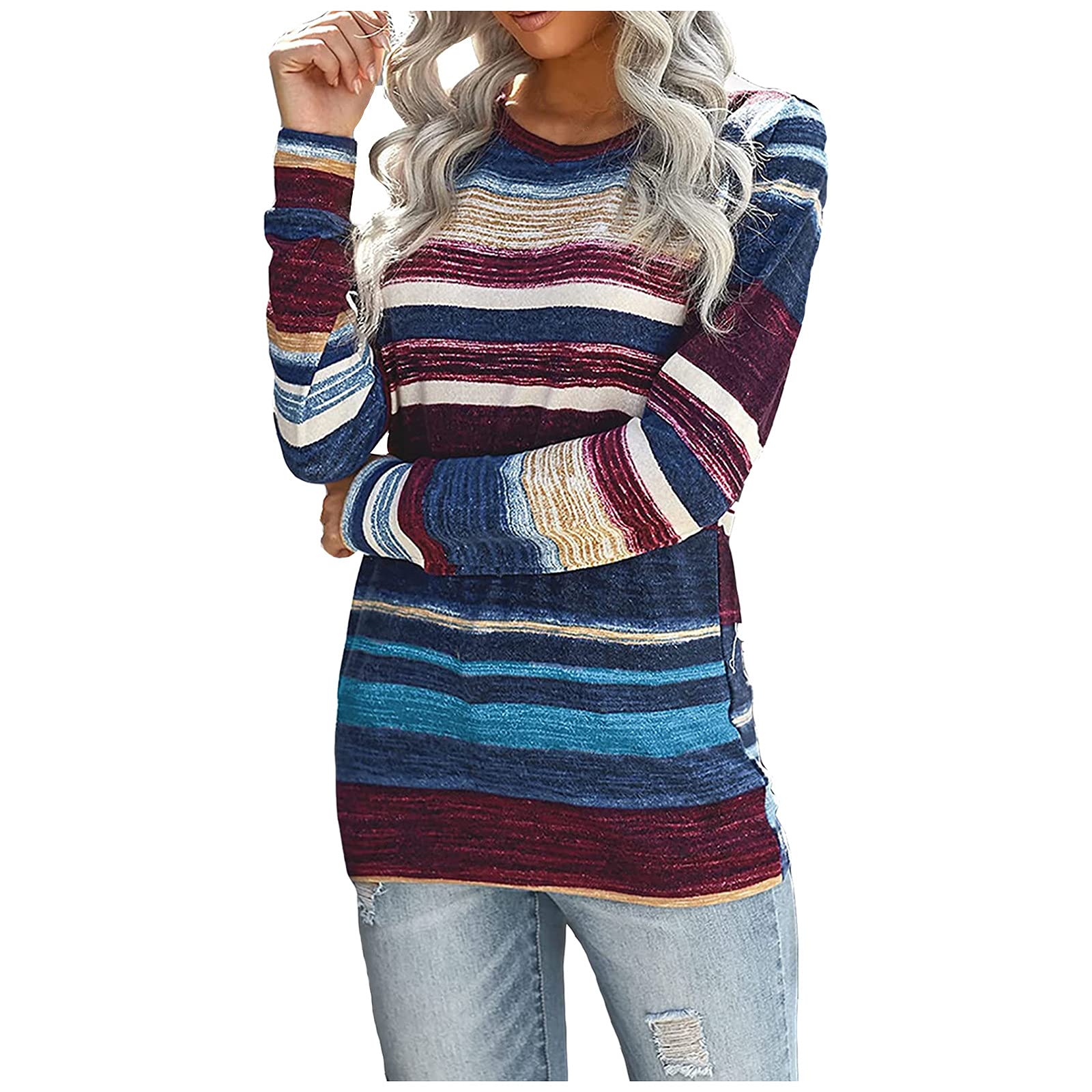 Women's Striped Long Sleeve Crew Neck Tunic Top - Slim Fit Pullover Shirt for Leggings | Casual Wear, Layering & Everyday Outfits