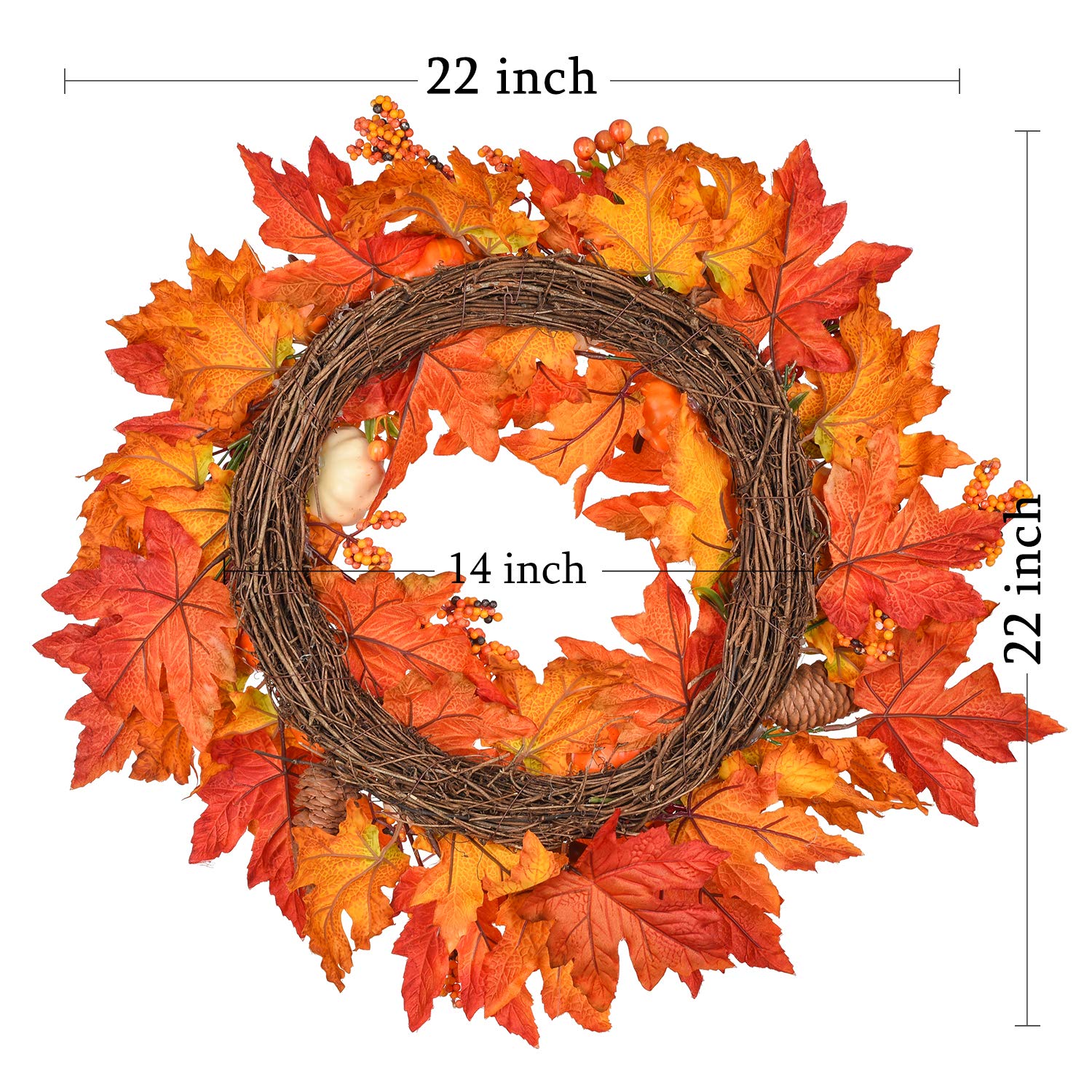 DearHouse 22 Inch Fall Wreath - Autumn Maple Leaf Harvest Thanksgiving Door Decor with Pumpkins, Pinecones & Berries | Perfect for Front Door, Porch, and Seasonal Home Decor