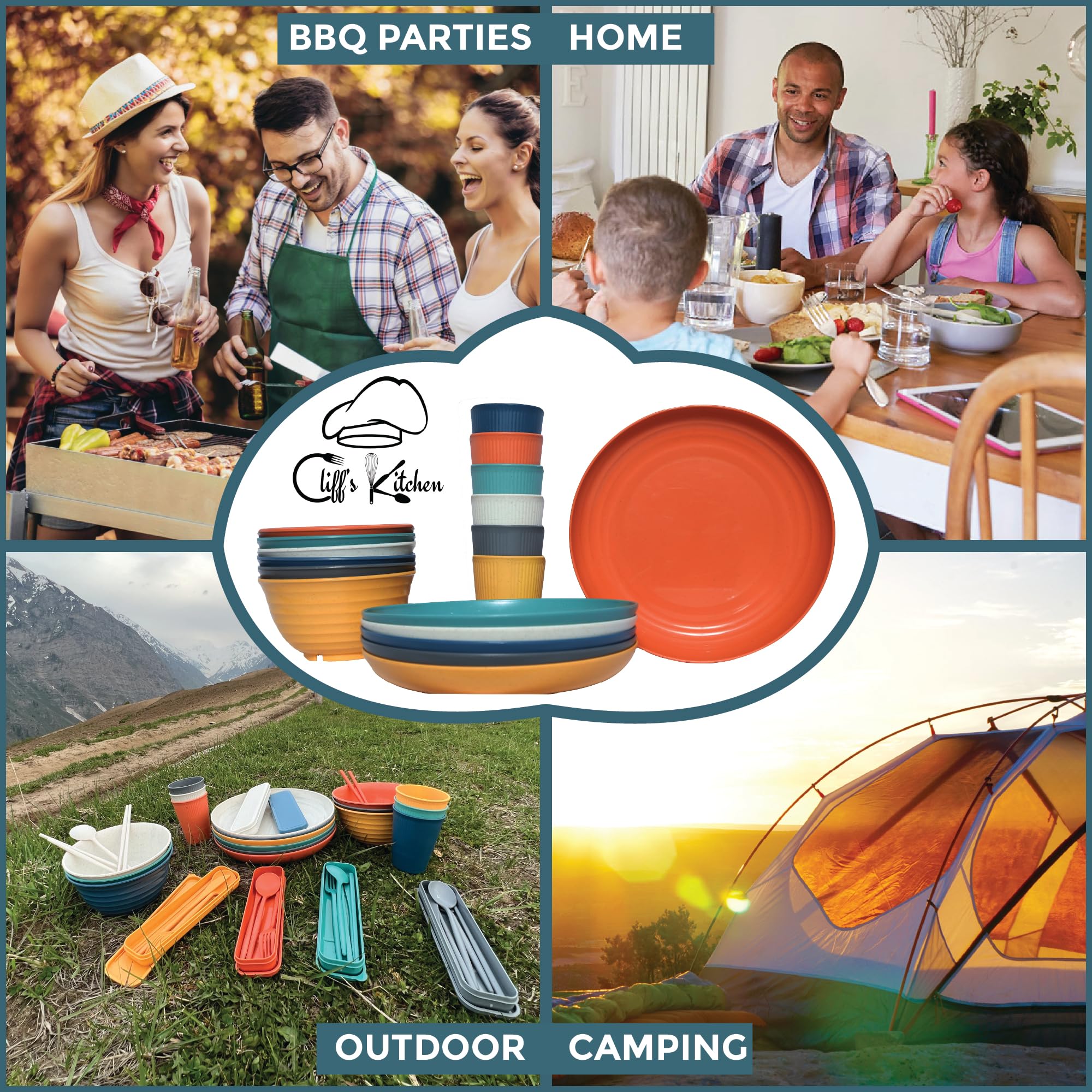48 Pcs Eco-Friendly Wheat Straw Dinnerware Set for 6 - Unbreakable, BPA-Free Plates, Bowls & Cups - Microwave & Dishwasher Safe - Lightweight RV Camping Dishes for Outdoor Picnics, Parties & Travel