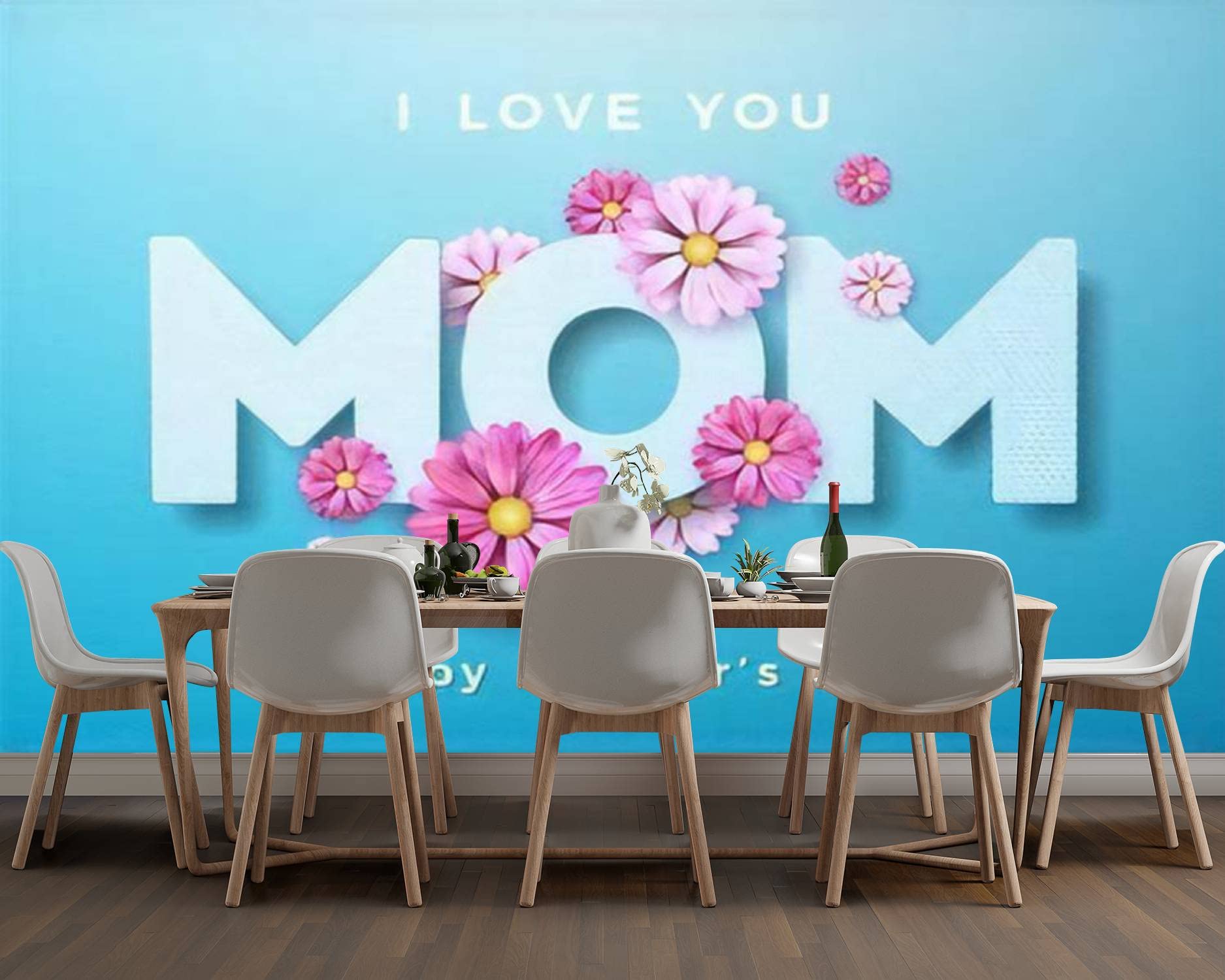 Happy Mother's Day PVC Wallpaper - Floral 'I Love You Mom' Peel and Stick Removable Wall Mural | Self-Adhesive Home Decor for Living Room, Bedroom | Perfect for Gifts, Nursery, and Wall Decoration