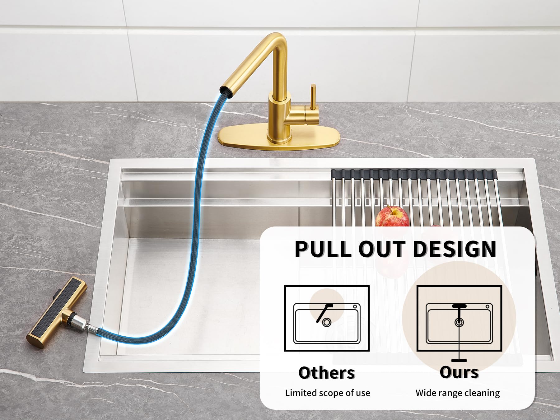 Tohlar Brushed Gold Kitchen Faucet with Pull Down Sprayer - 3 Function Waterfall Sink Faucet, Single Lever Handle for Modern Kitchens | Perfect for Cooking, Washing Dishes & Filling Pots