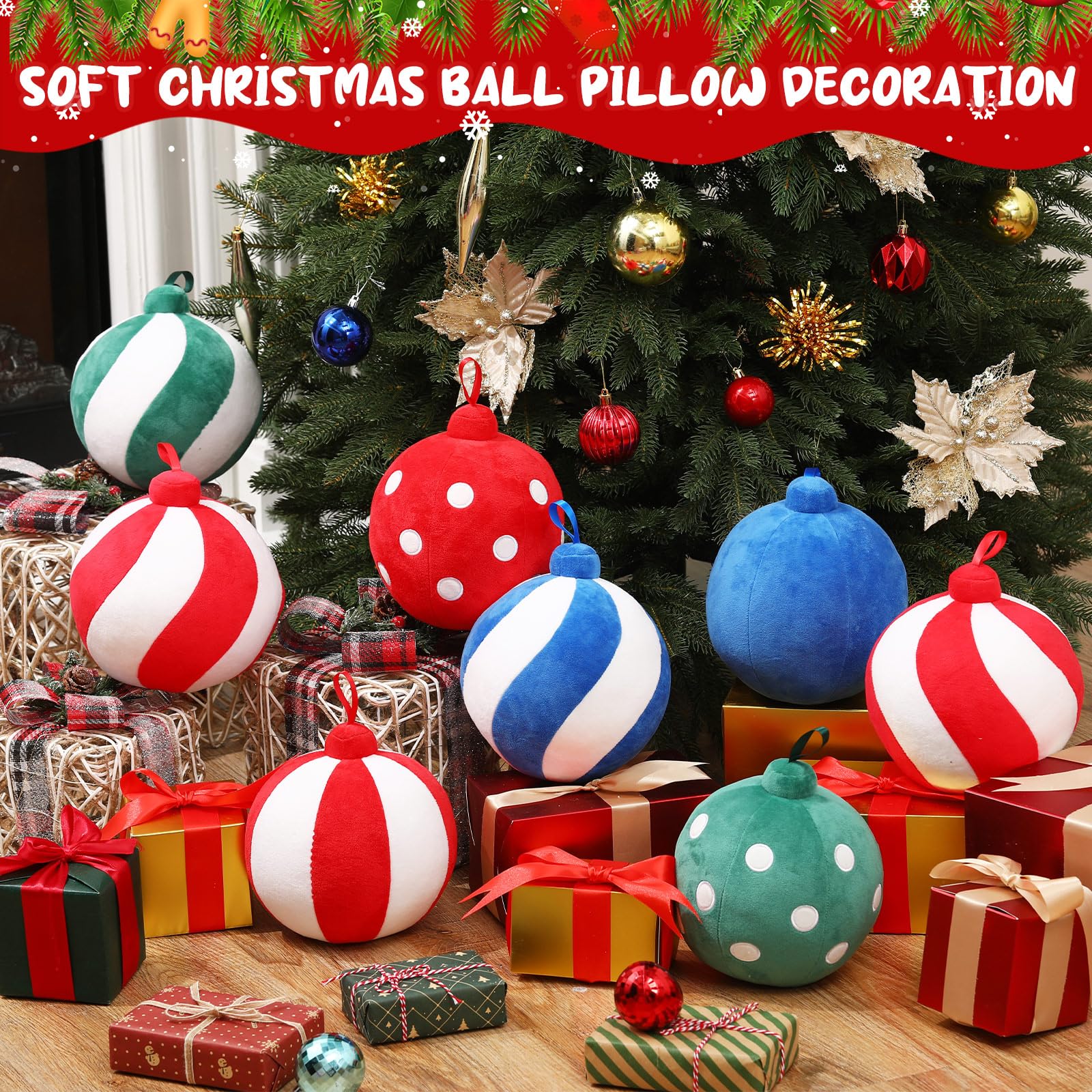 2 Pack Christmas Ball Pillows - 7 Inch Round Holiday Decor, 3D Xmas Throw Pillows for Couch, Chair, Bed - Festive Home Decor (Stripes & Dots, Red/White) | Perfect for Living Room, Bedroom & Holiday Party Decorations